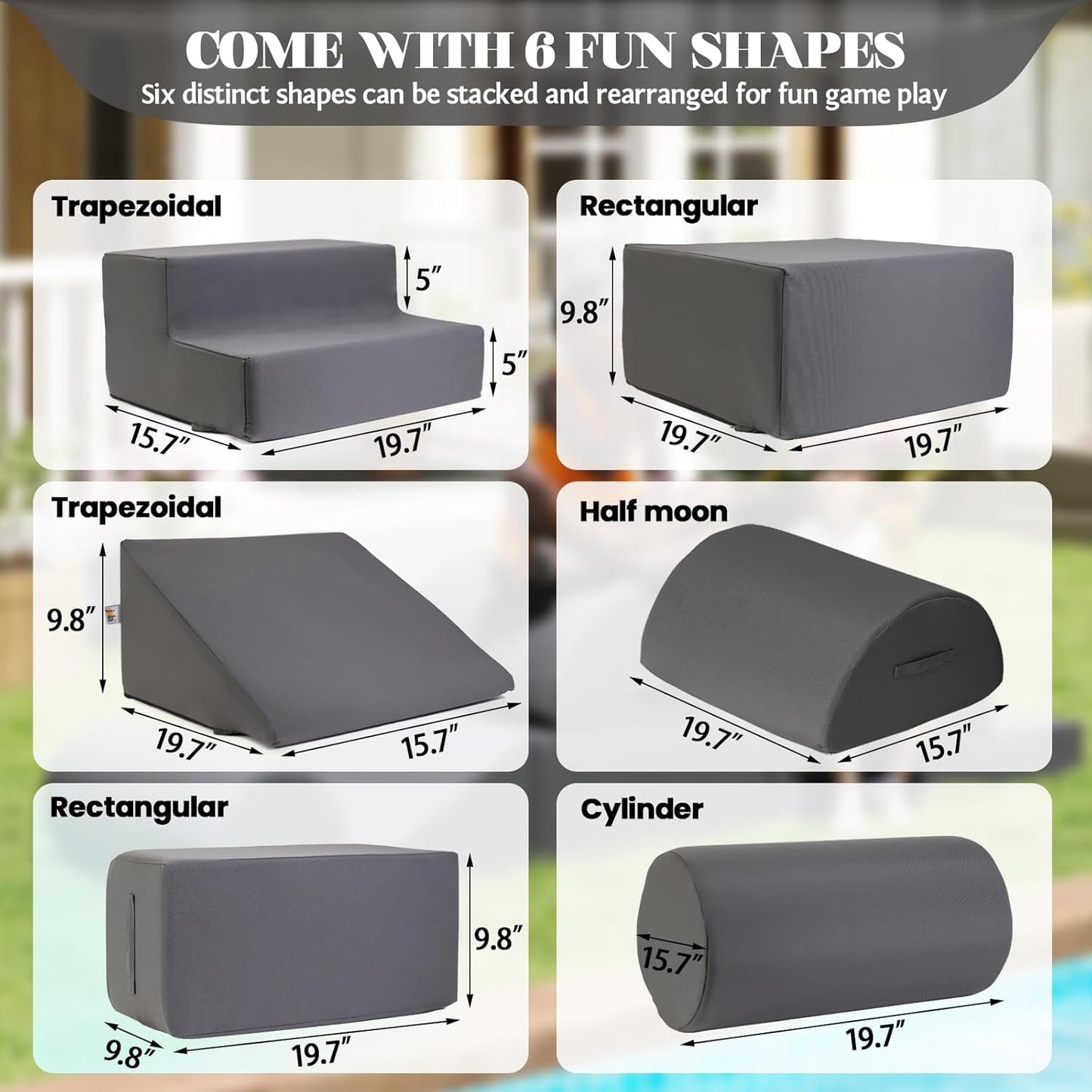 jela Foam Blocks 6Pcs Soft Play Equipment Waterproof Fabric, UV Resistant Toddler Climbing Toys Indoor& Outdoor Soft Play Climbing for Toddlers, Lightweight Climbing Blocks for Babies, Kids (Darkgrey)