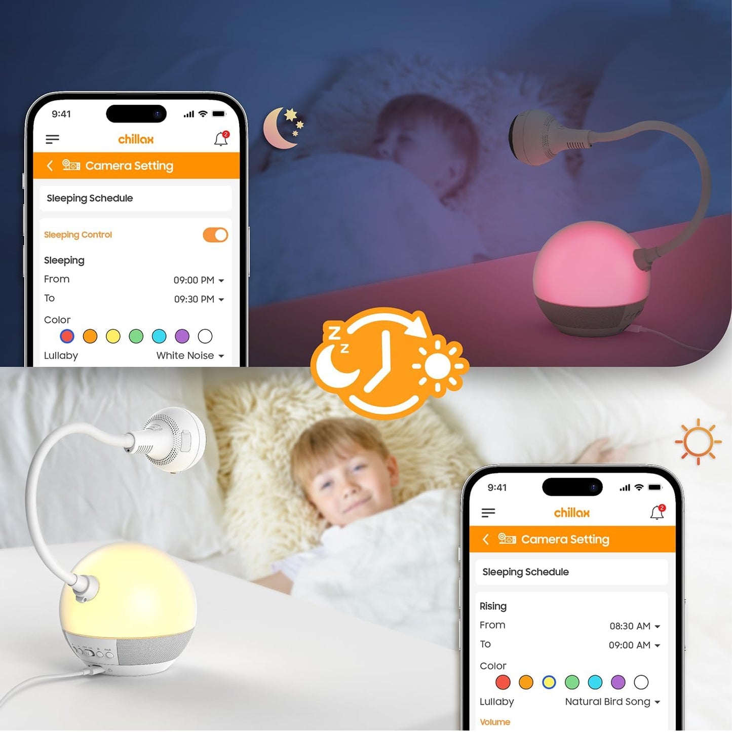 CHILLAX Baby Monitor Baby Mood Plus,5-inch 1080p HD Camera Wi-Fi Baby Monitor,with Sleep Trainer & Mood Light Soother,Flexible Gooseneck and 360°Pan View,Accessible via Phone App and Nursery Features