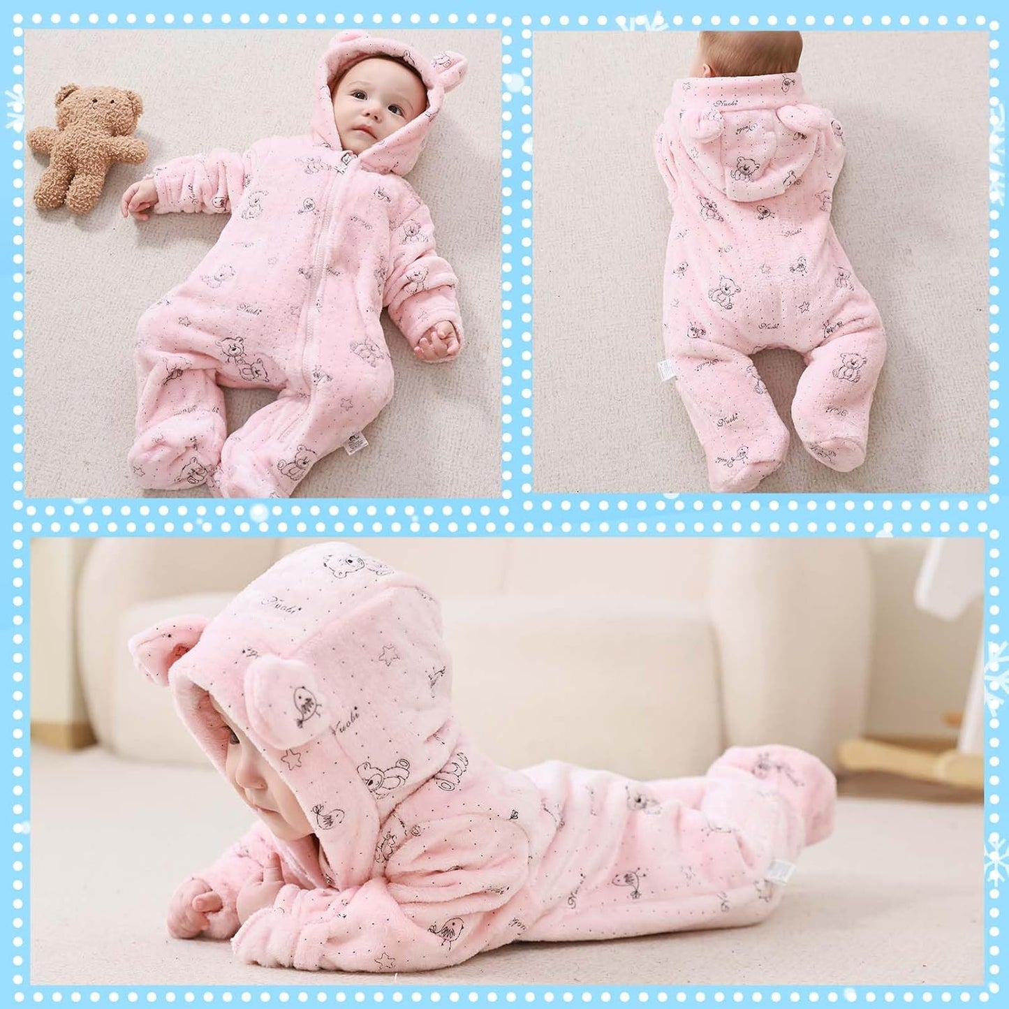 Fairy Baby Newborn Baby Bear Onesie Thin Fleece Footie Romper Snowsuit Hooded Jumpsuit Bodysuit Winter Outwear Boy Girl 0-12M
