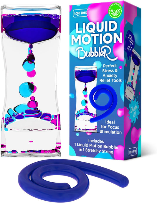 Liquid Motion Bubbler Sensory Toys – 2 Pc Set Bundle Stretchy String Fidget Toys Timer for Stress Relief and Anxiety Relief Great for Adults, Kids ADHD Autism ADD Hyperactivity Relaxation figit Blue