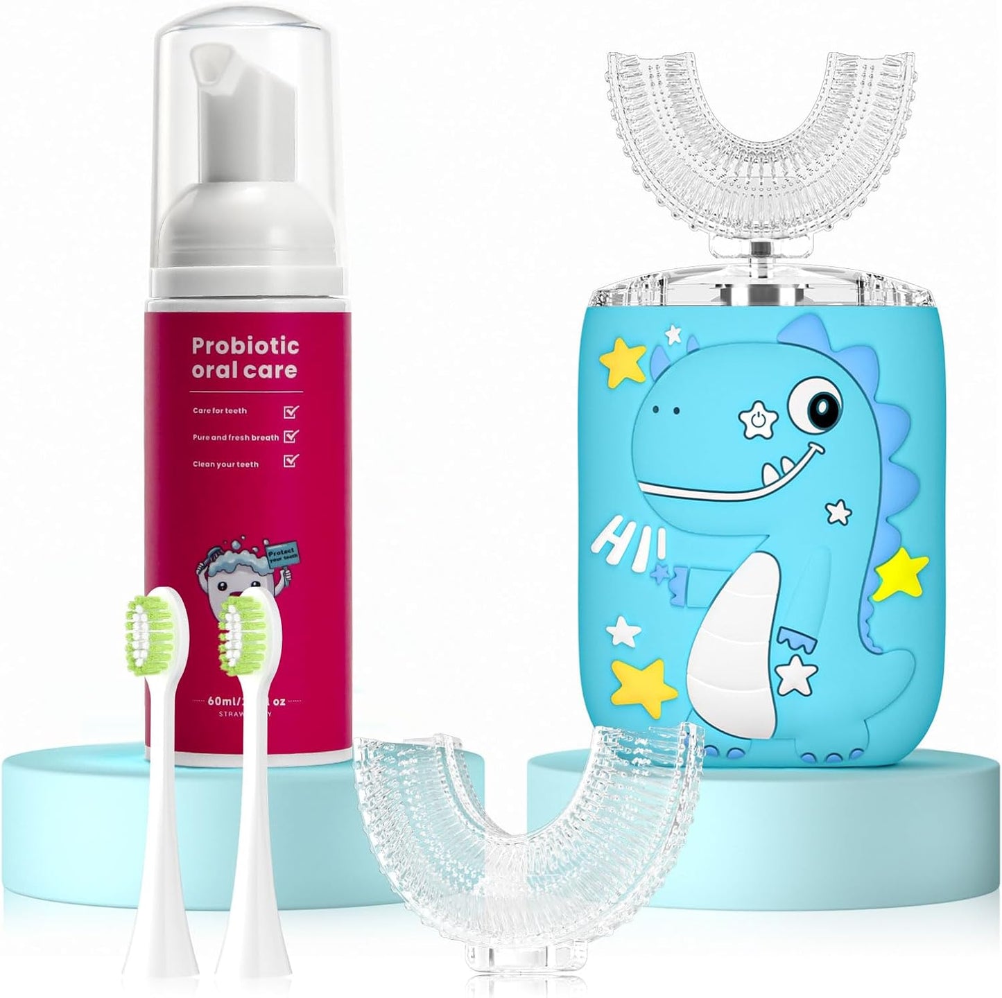 Kids Electric U Shaped Toothbrush,Kids Sonic Full Mouth Toothbrush with 4 Soft Brush Head Automatic Rechargeable 6 Cleaning Modes IPX7 Waterproof 360 Degree Cleaning - Age8-15 Blue