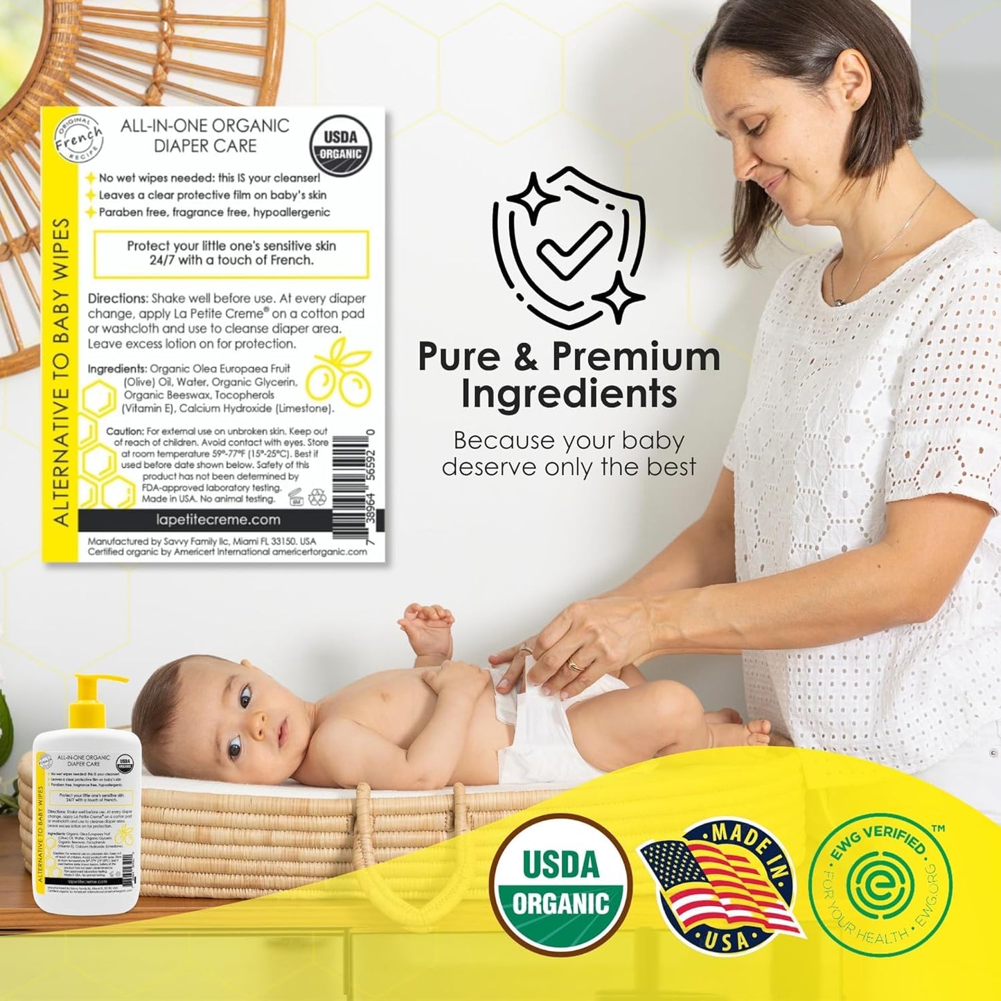 La Petite Creme French Premium Liniment Baby Lotion - Diaper Cream Alternative to Wet Wipes - Gentle Moisturizer & Skin Cleanser, USDA Certified Organic Ingredients - Newborn Essentials (8 oz)