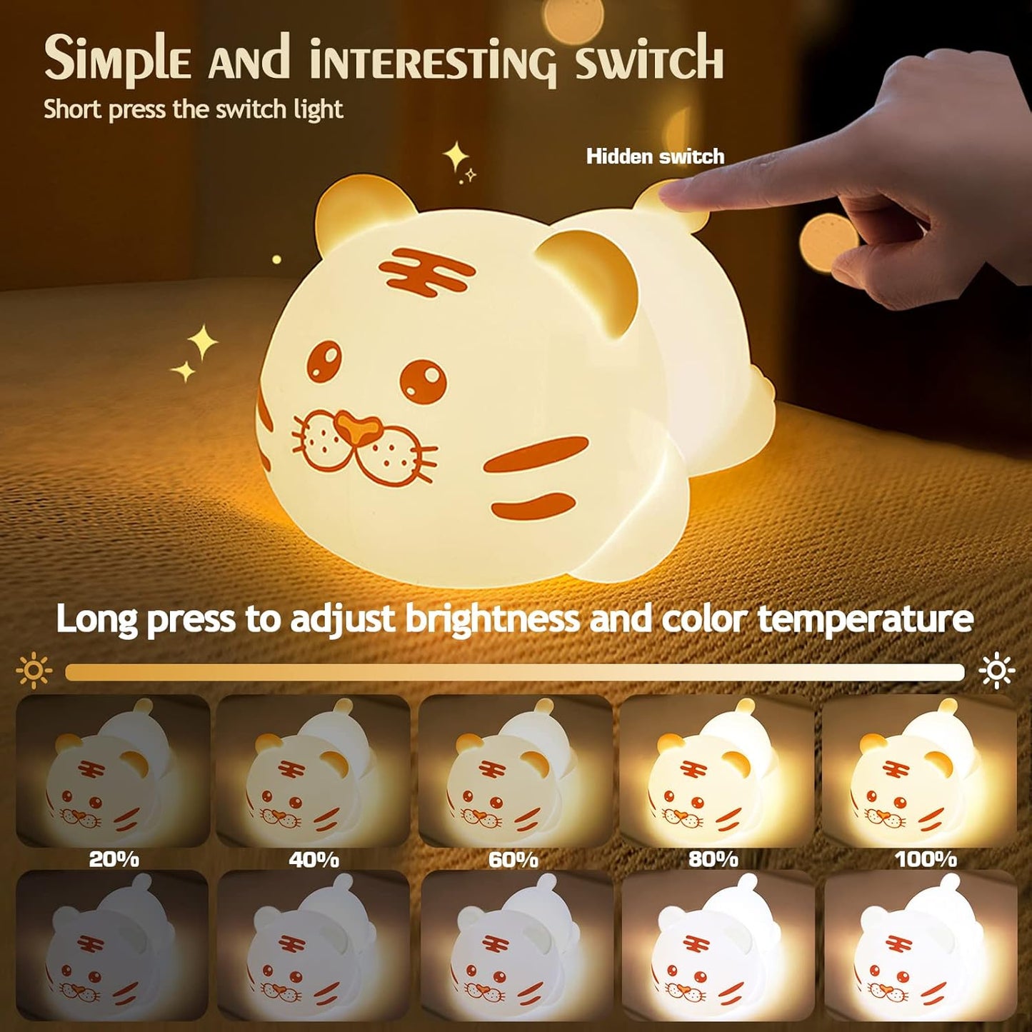 QANYI Christmas Gift Tiger Lamp, Silicone Color Changing Tiger Desk Nightlight, Rechargeable Nursery Table Lamp with Timer and Remote Control, Gift for Toddler Baby Girls Boys Children Bedroom