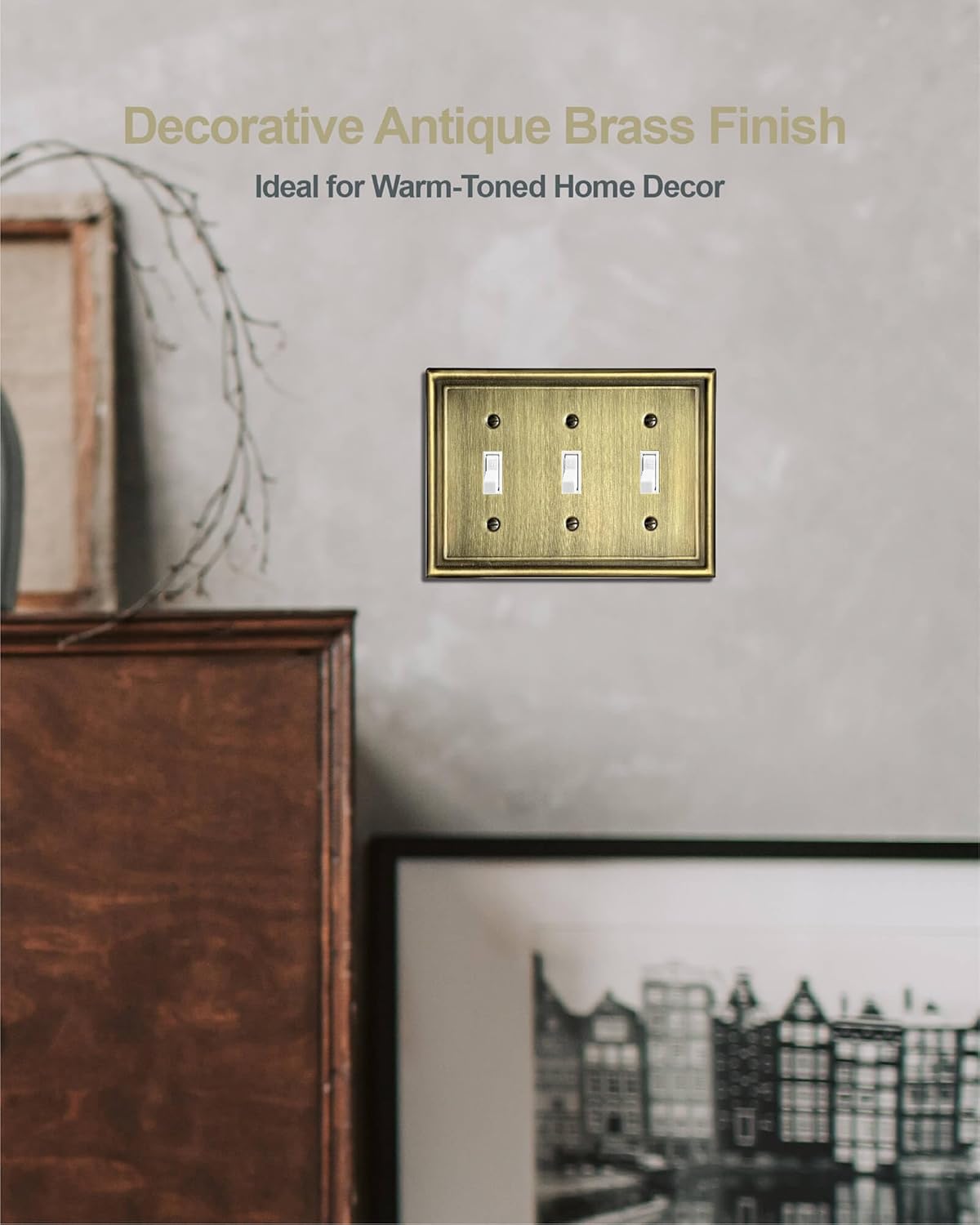 Triple Toggle Wall Plates, Metal Light Switche Covers, Antique Brass, 3-Gang, 2 Pack