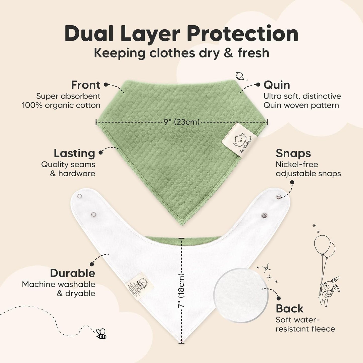 KeaBabies 8-Pack Bandana Bibs for Baby Girls, Boys - Organic Cotton Baby Bibs for Drooling & Teething Newborn, Toddler, Infant 0-36 Months, Extra Soft, Absorbent Cloth with Snaps (Dew)