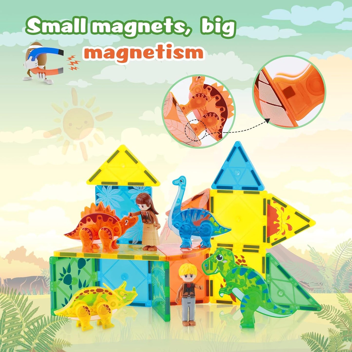 Dinosaur Magnetic Tiles,Animals Magnet Building Blocks Toys Dino World,3D STEM Educational Magnet Tiles for Boys Girls Kids Age 3 4 5 6 7 8