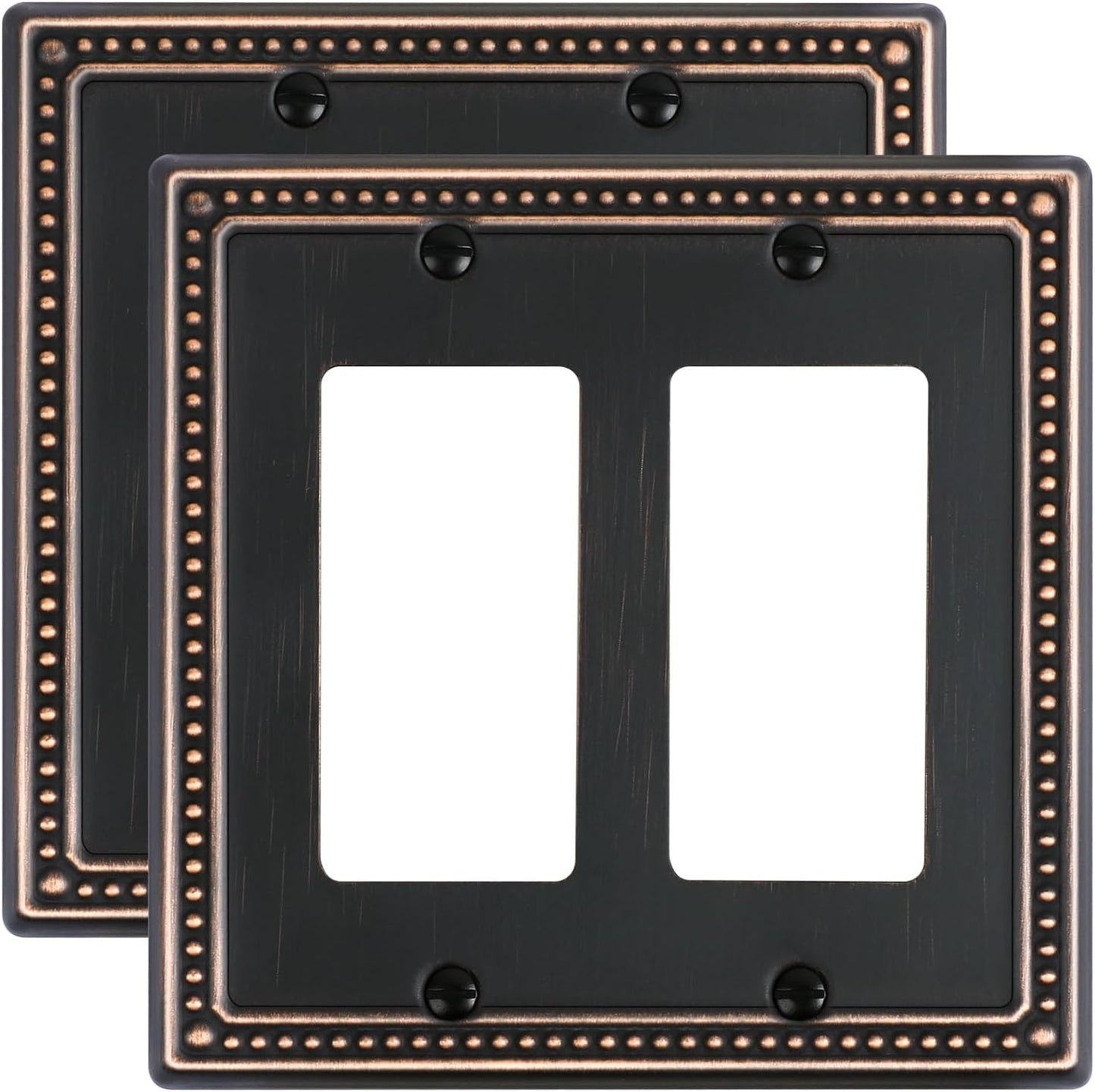 2-Pack Double Decorator Outlet Cover Plate, Pearls Decorative Switch Plates and Outlet Covers, 2 Gang Aged Bronze Metal Wall Plates, Corrosion Resistant