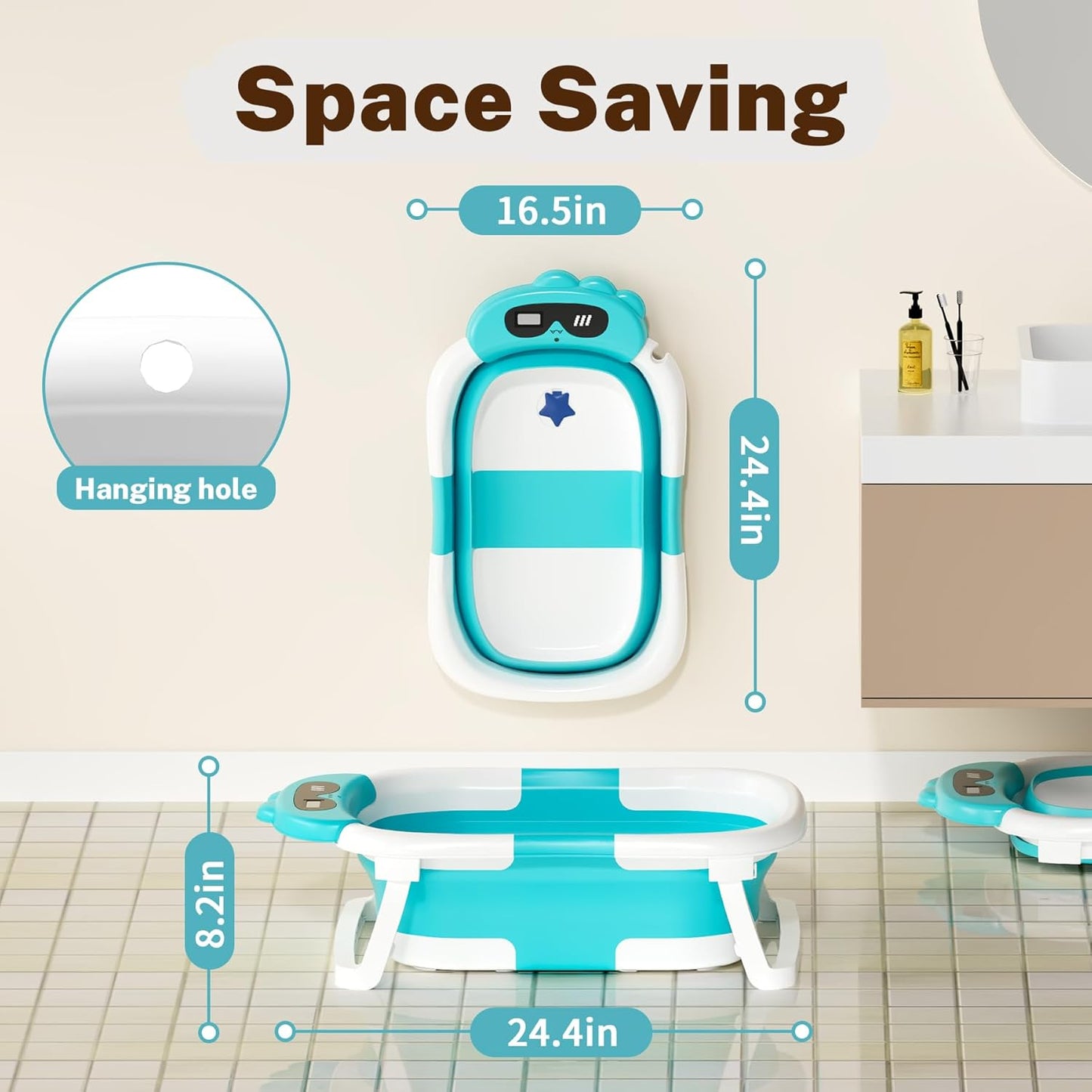 AVIDOR Baby Bathtub,Collapsible Bathtub for Newborn to Toddler,Durable Essential Infant Bath Tub,Portable Travel Baby Tub with Soft Bath Net,No-Slip Feet and Dinosaur Shaped (Light Blue)