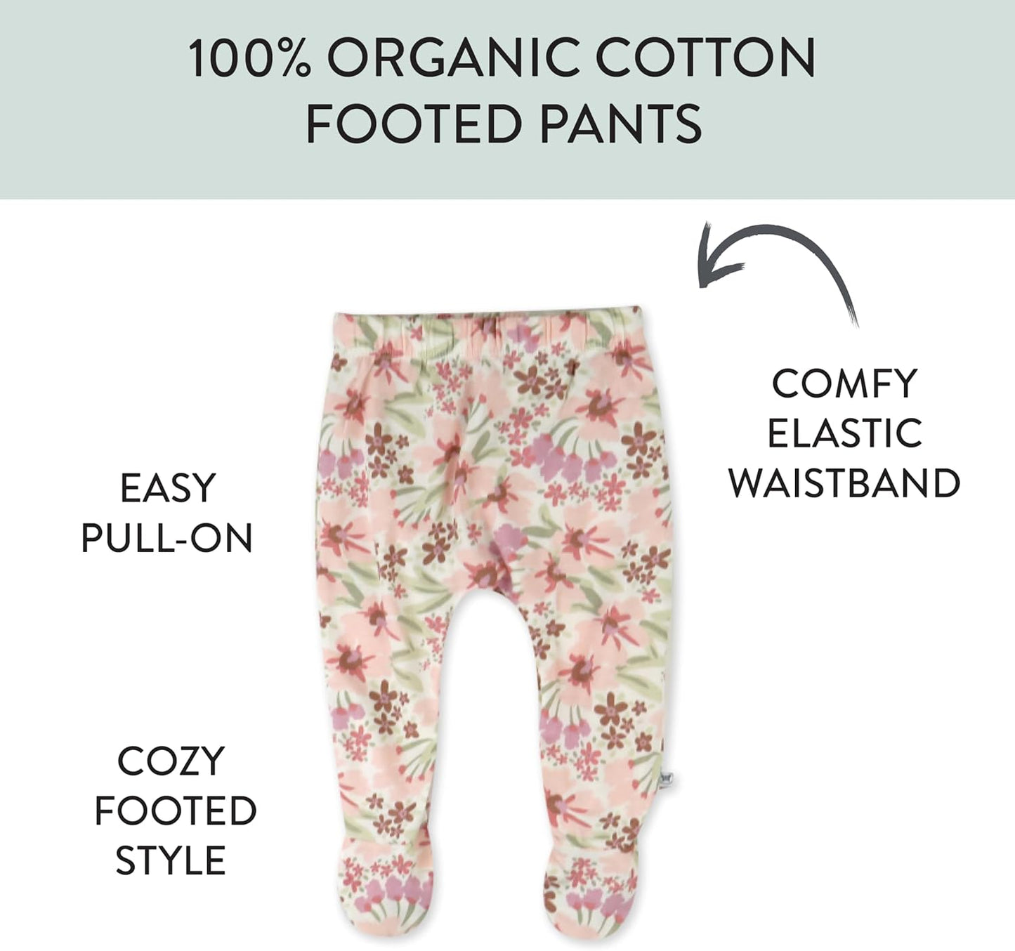 HonestBaby 3-pack Footed Pants Roomy Fit Pull on Bottoms 100% Organic Cotton for Infant Baby Boys, Girls, Unisex