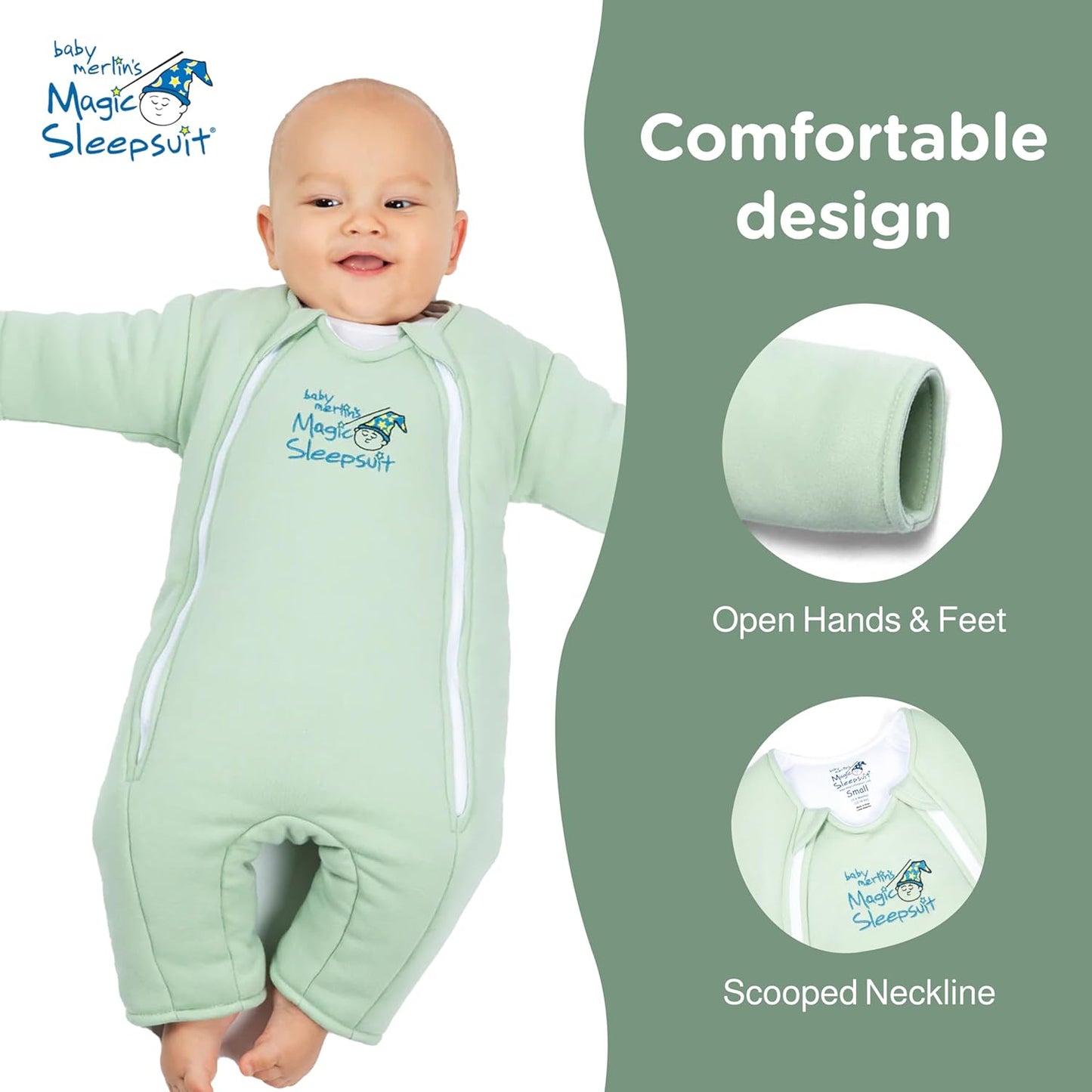 Magic Sleepsuit Baby Merlin's Cotton Baby Swaddle Transition Product - Soft and Cozy Design, Double Zipper for Easy Diaper Changes, Promotes Safe Sleep, 3-6 Months - Sage Green - Small 12-18lbs