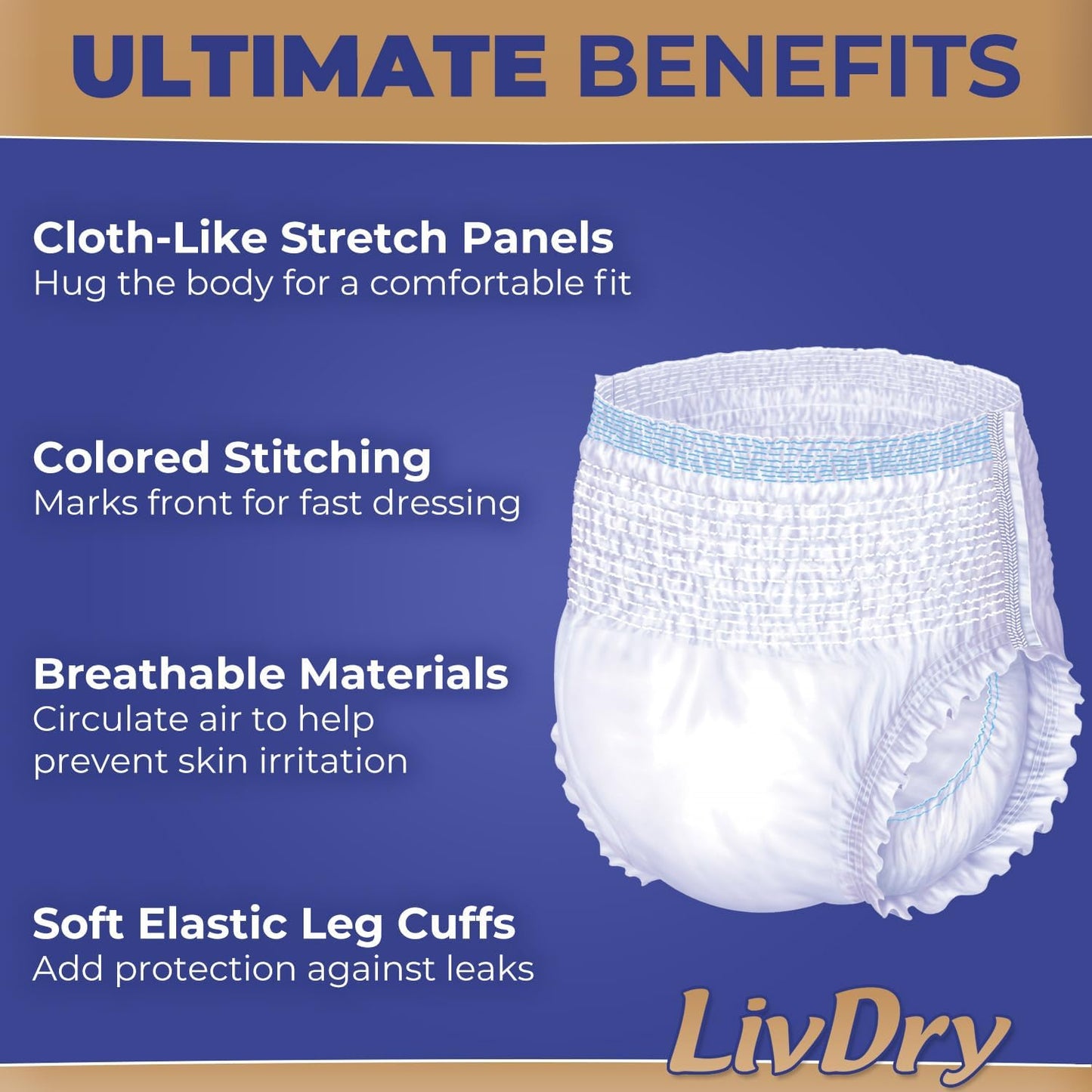 LivDry Ultimate XL Adult Incontinence Underwear, Max Absorbent Adult Diapers with Leak Protection, X-Large, 12-Pack