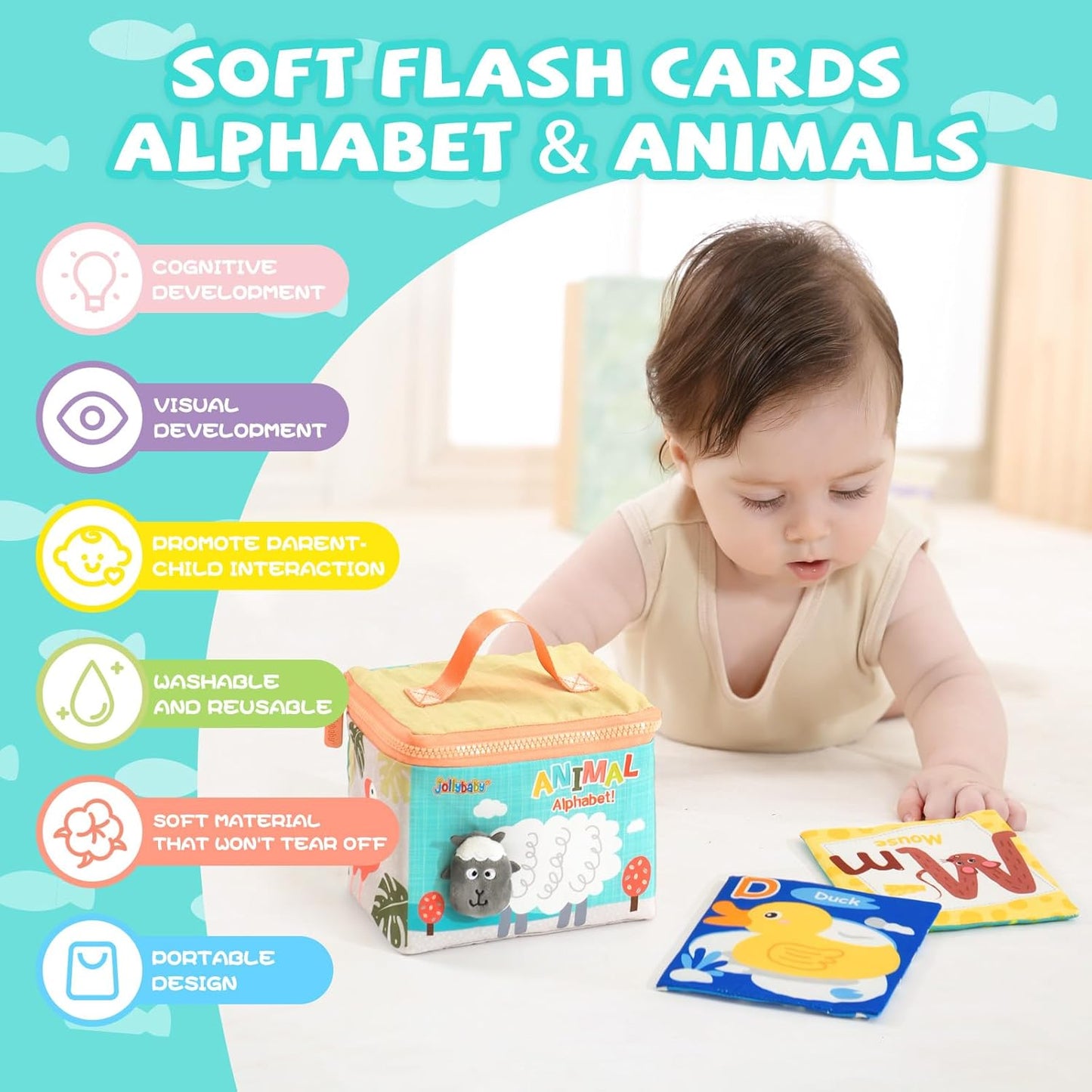 Jollybaby Reusable Soft Cloth ABC Alphabet/Letters Animal Flash Cards for Baby 0-3-6-9-12-18 Month, Curious Baby First Words Learning Activity Flashcards, Tummy Time Toy Gift for 1 Year Old Boy Girl