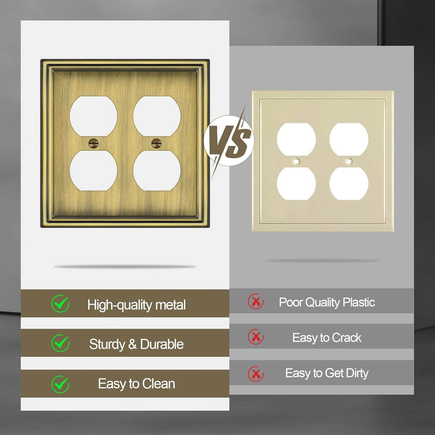 Metal Double Outlet Covers Wall Plate, Antique Brass Decorative Light Switch Plate 2 Gang Duplex Outlet Covers - Classic Style, 3 Pack