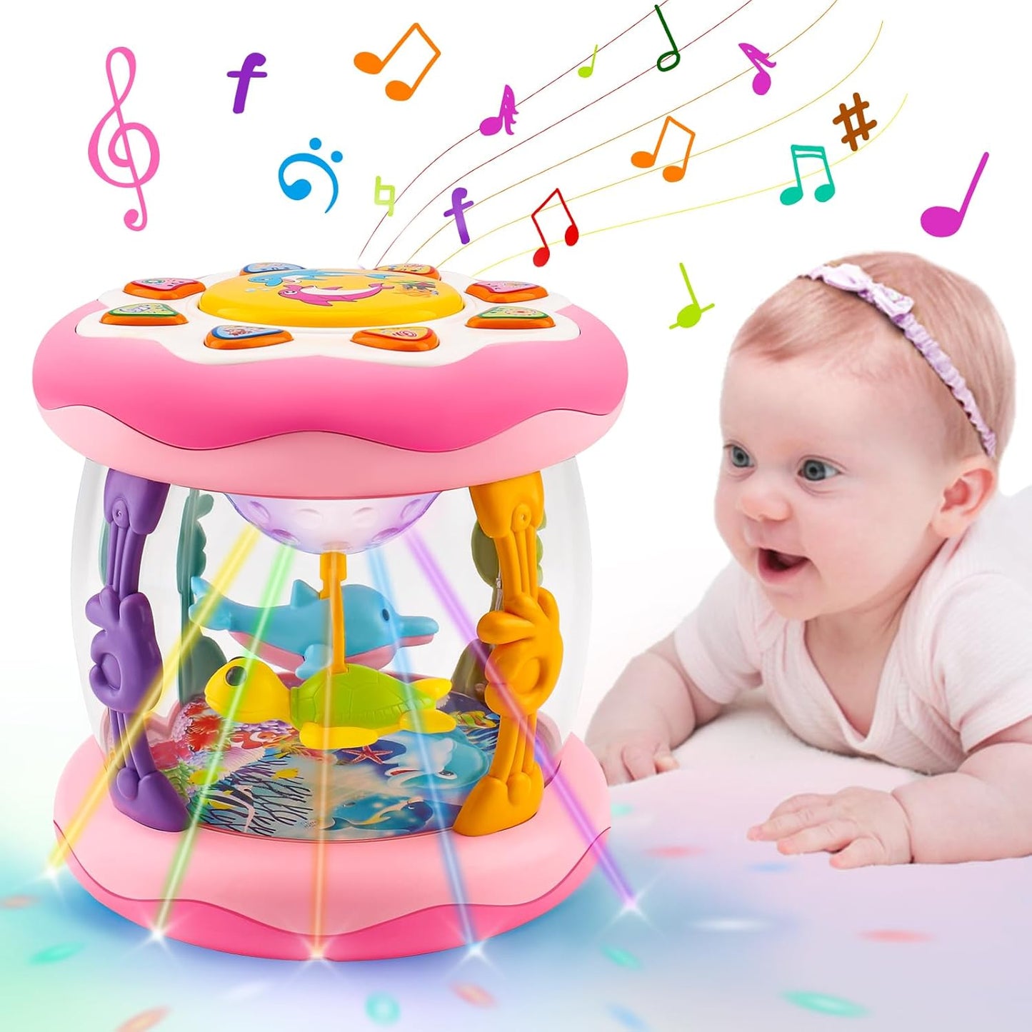 Baby Musical Light Up Toys 0-6 Months Tummy Time Ocean Projector Rotating Infant 0-3 4 5 6 7 8 9 Months Baby Aquarium Crawling Pink Toys Babies 6-12 Month Girls 1 2 Year Old Birthday Newborn Gifts