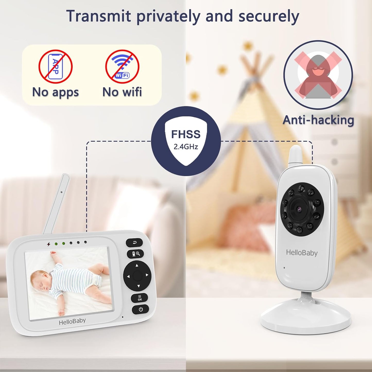 HelloBaby Baby Monitor No WiFi, Video Baby Monitor with Camera and Audio, 3.2'' IPS Screen, Pan-Tilt-Zoom Camera, Night Vision, 1000ft Range, USB Charger