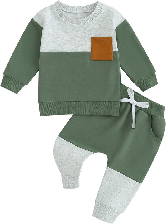 Kupretty Toddler Baby Boy Fall Winter Clothes Color Block Long Sleeve Sweatshirt Pullover Tops + Joggers Pants Outfit Set