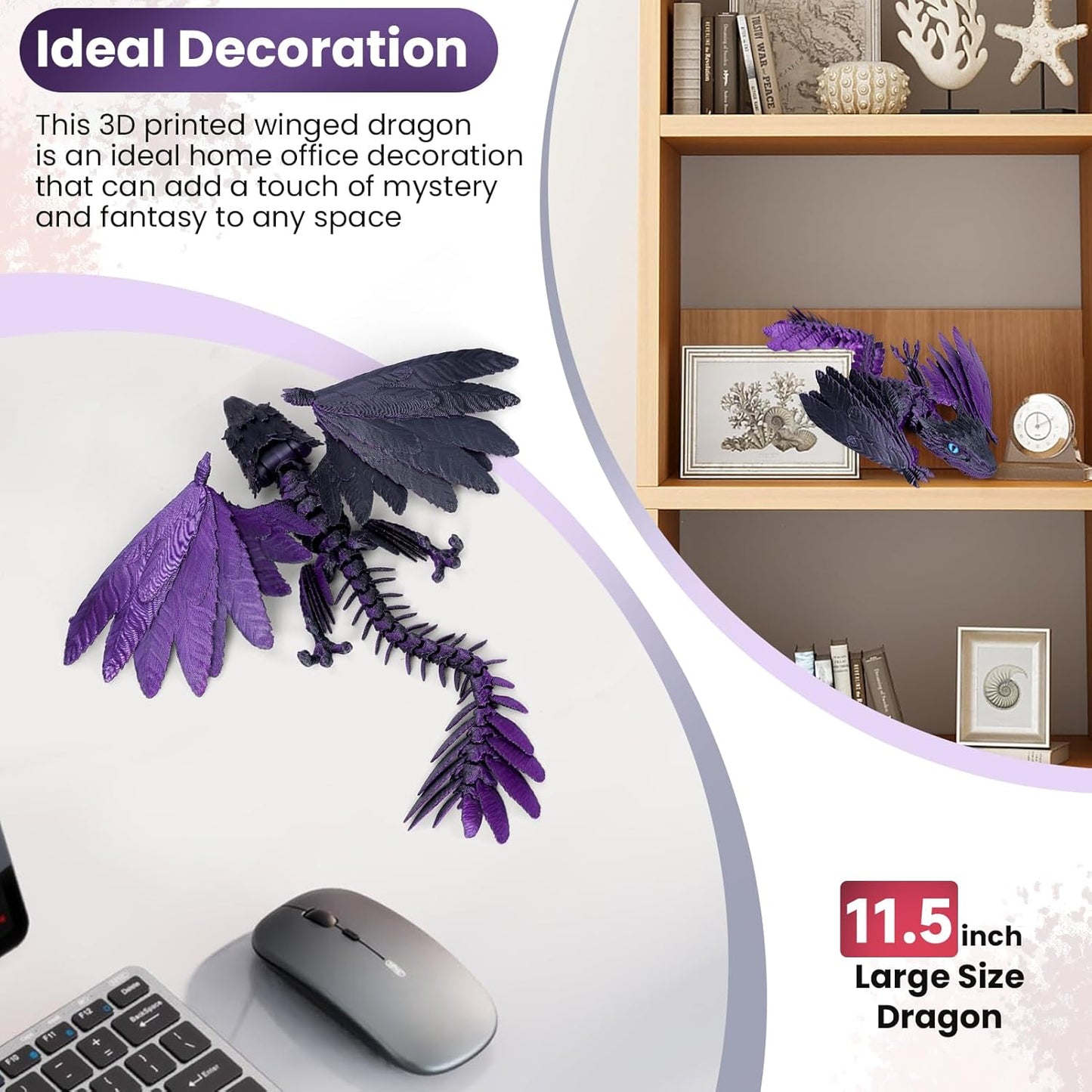 3D Printed Dragon with Wings,3D Printed Animals Toy,3D Printed Flexible Dragons,Crystal Dragon Fidget Toys,Full Articulated Dragon Crystal Dragon (Purple Black)