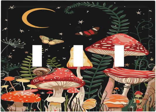 Moon Star Red Mushroom Forest Butterfly Green Plant Decorative Switch Plates 3 Gang Wall Plate Triple Toggle Light Switch Cover Faceplate Electrical Wall Panels for Kids Room Home Decor