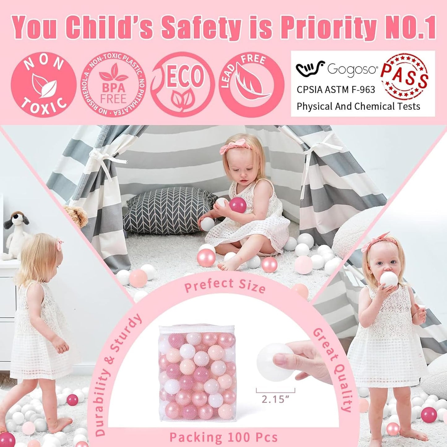 GOGOSO Ball Pits Balls for Toddlers Pack of 50 100 200 Plastics Shape Ball Non-Phthalate Non-BPA Non-Toxic 2.2-Inch Crush Proof Play Balls