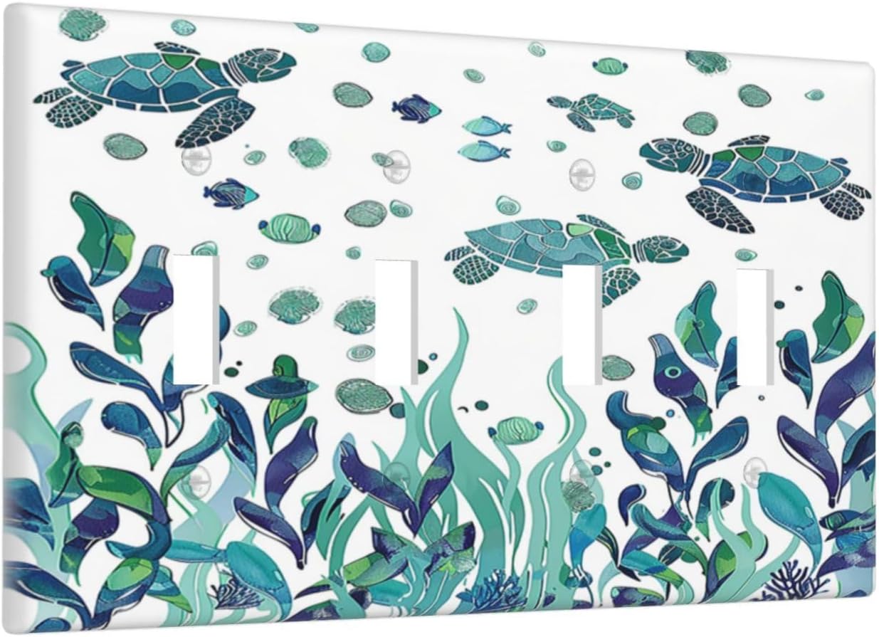 Light Switch Covers Vibrant Turtle Seagrass Watercolor Painting Quad Toggle Electrical Faceplate 4 Gang Wall Plate Decorative Switch Plates for Bathroom living Room Decor