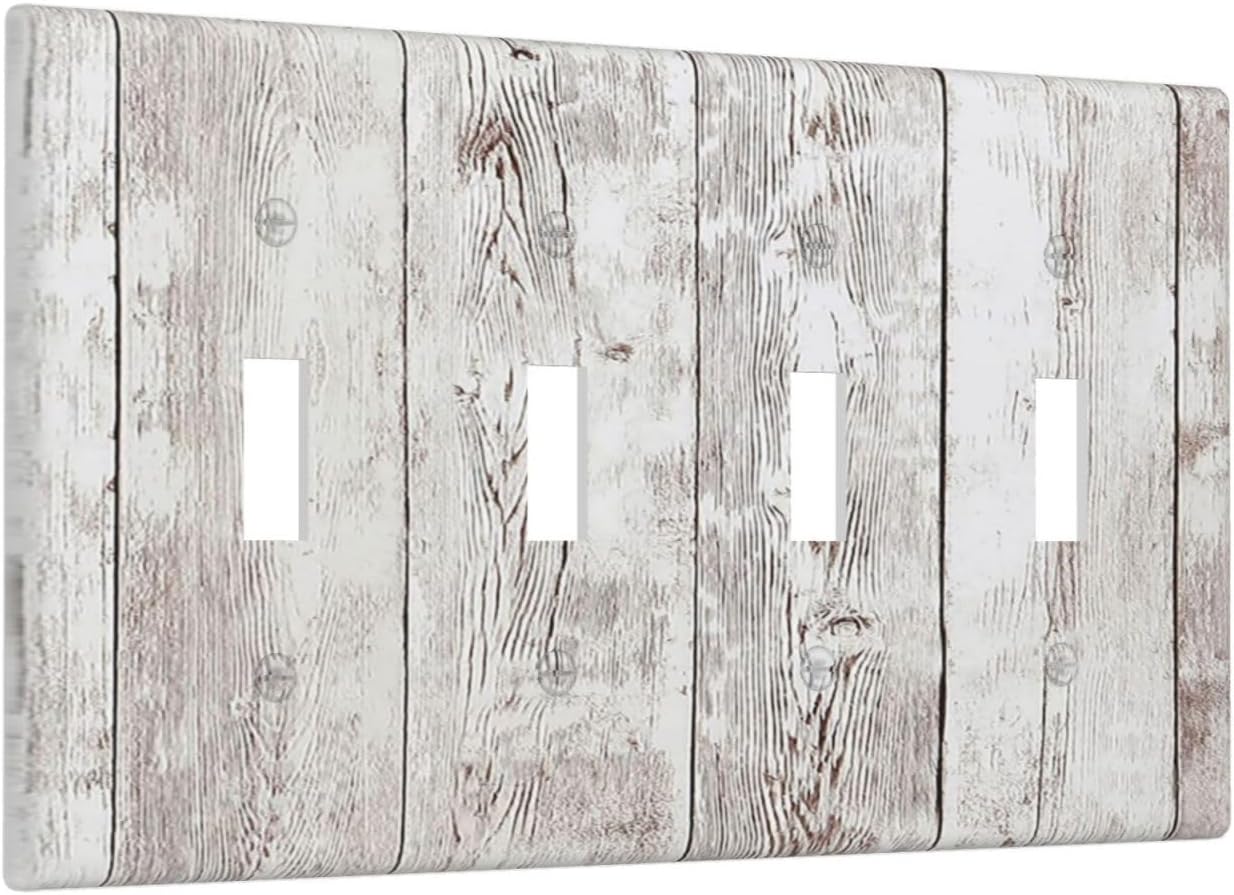 Light Switch Covers Rustic Vintage White Wood Grain Quad Toggle Electrical Faceplate 4 Gang Wall Plate Decorative Switch Plates for Farmhouse Home Decor