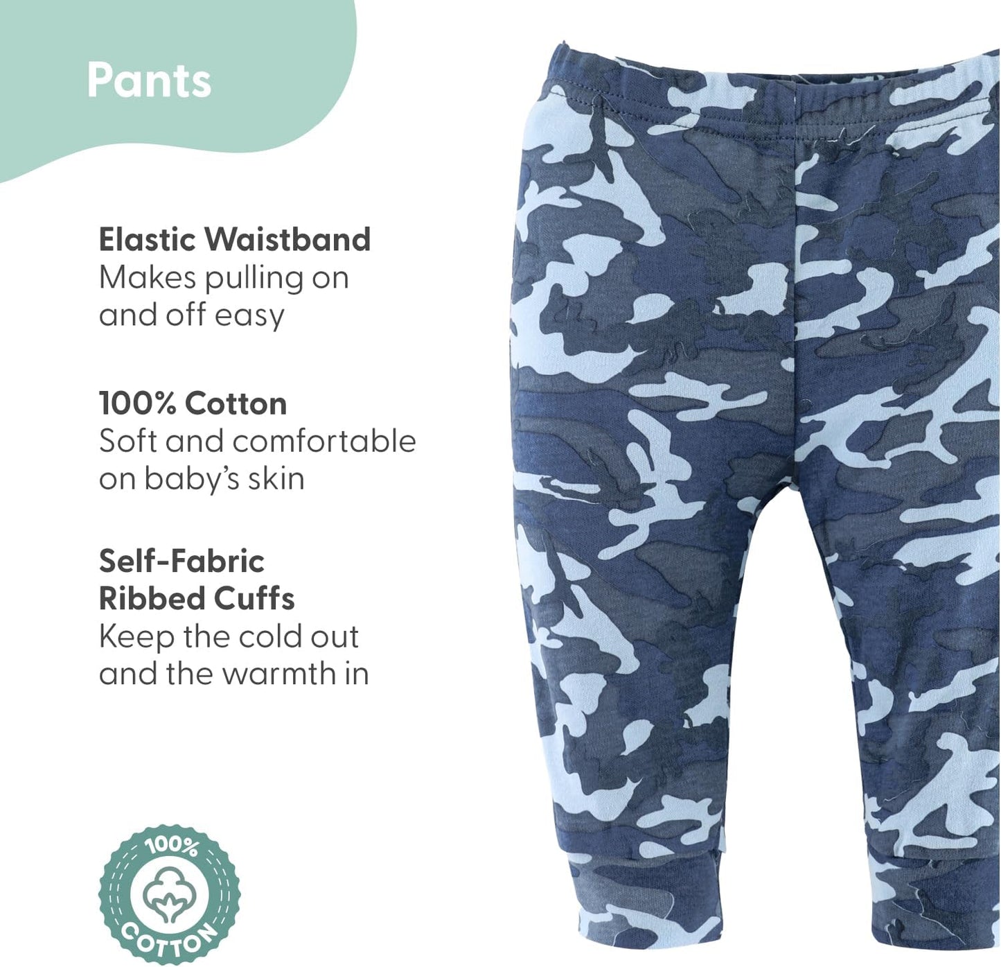 The Peanutshell 5 Pack Baby Boy Pants Set - 100% Cotton Toddler Pants for Boys, Clothes for Toddlers & Babies - Blue Camo