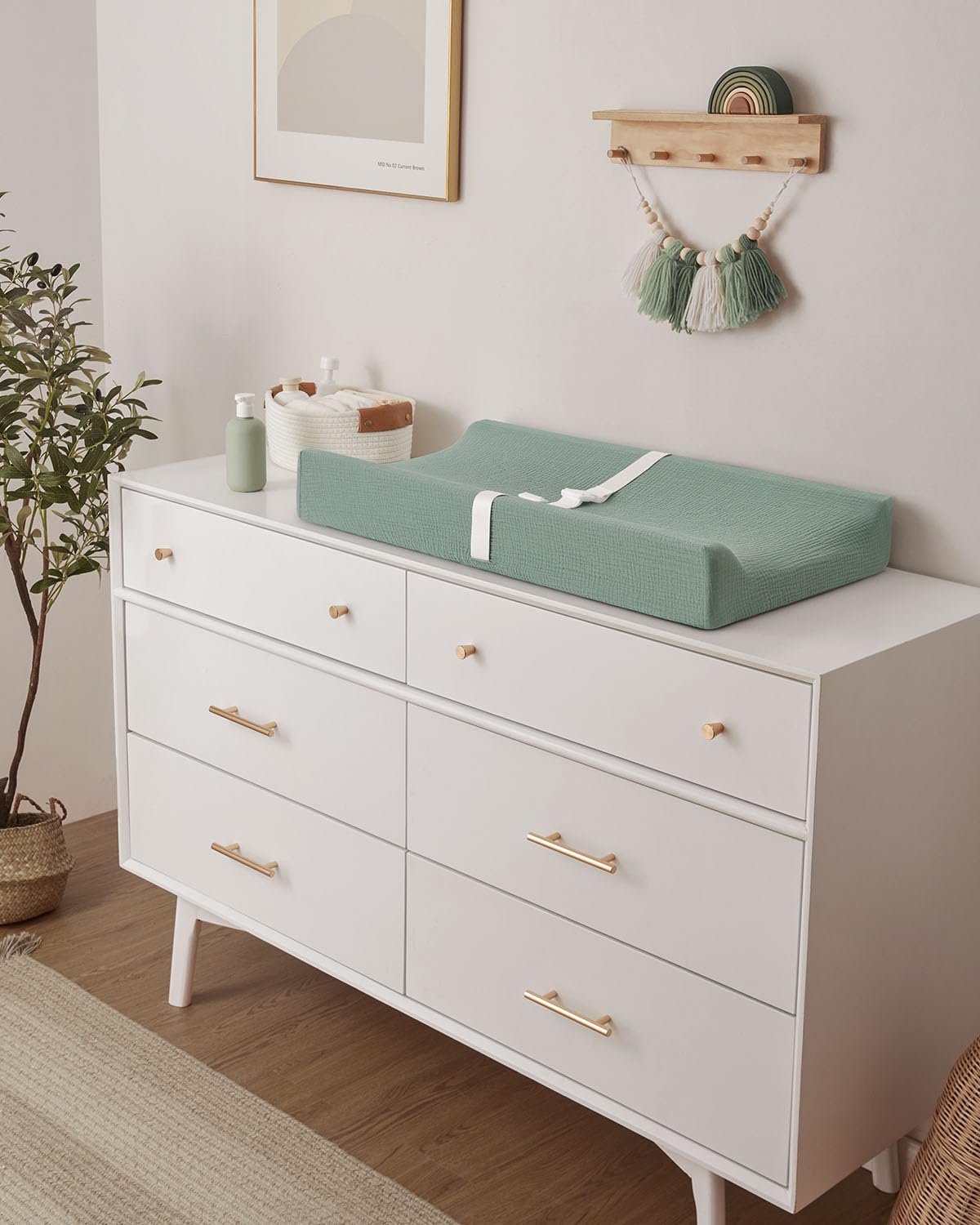 Blissful Diary Muslin Baby Changing Pad with Waterproof Lining Foam, Diaper Changing Table Pad with Cover for Dressers (Roman Green, Rectangular)