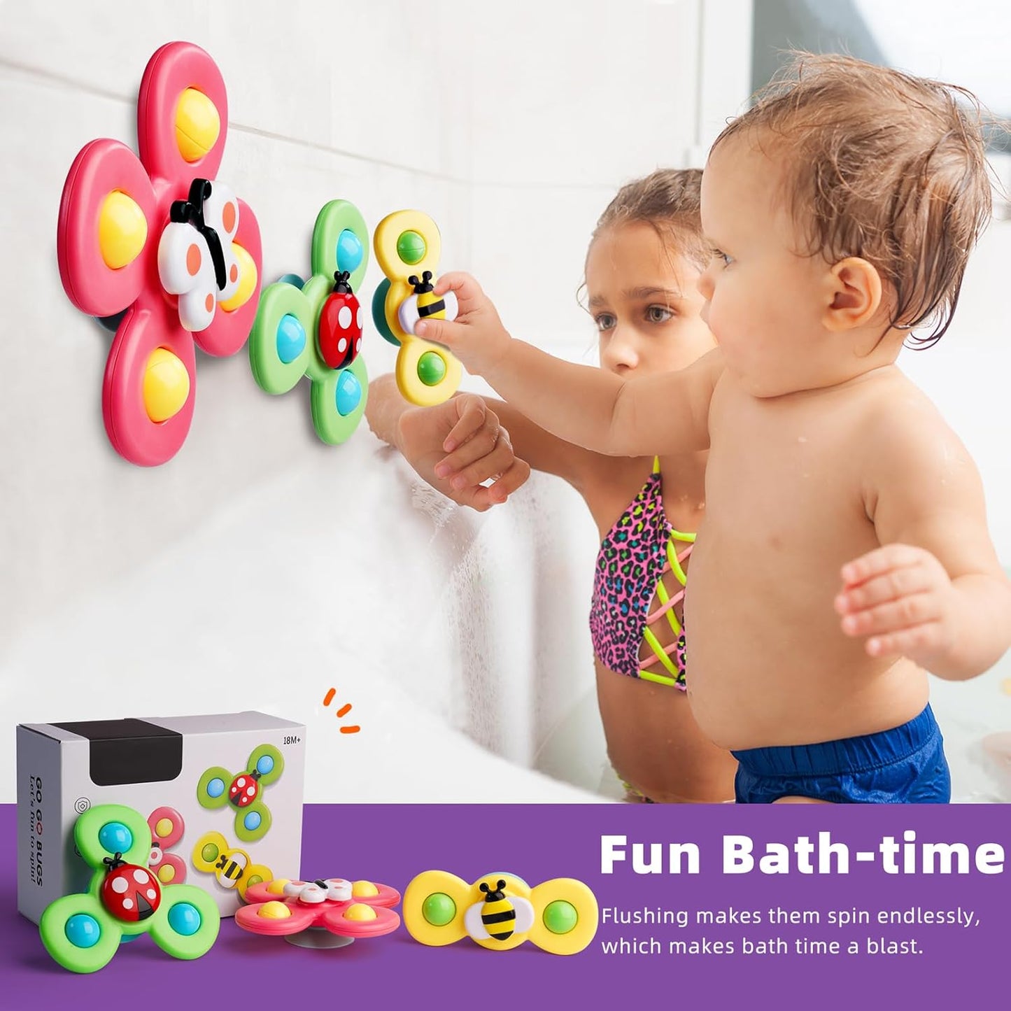 LiKee Strong Suction Cup Fidget Spinnerz Sensory Bath Toys for Baby 12 18 Months Airplane Car Travel Table & Window Toys for 1 2 Year Old Toddler Boys and Girls (Insect)