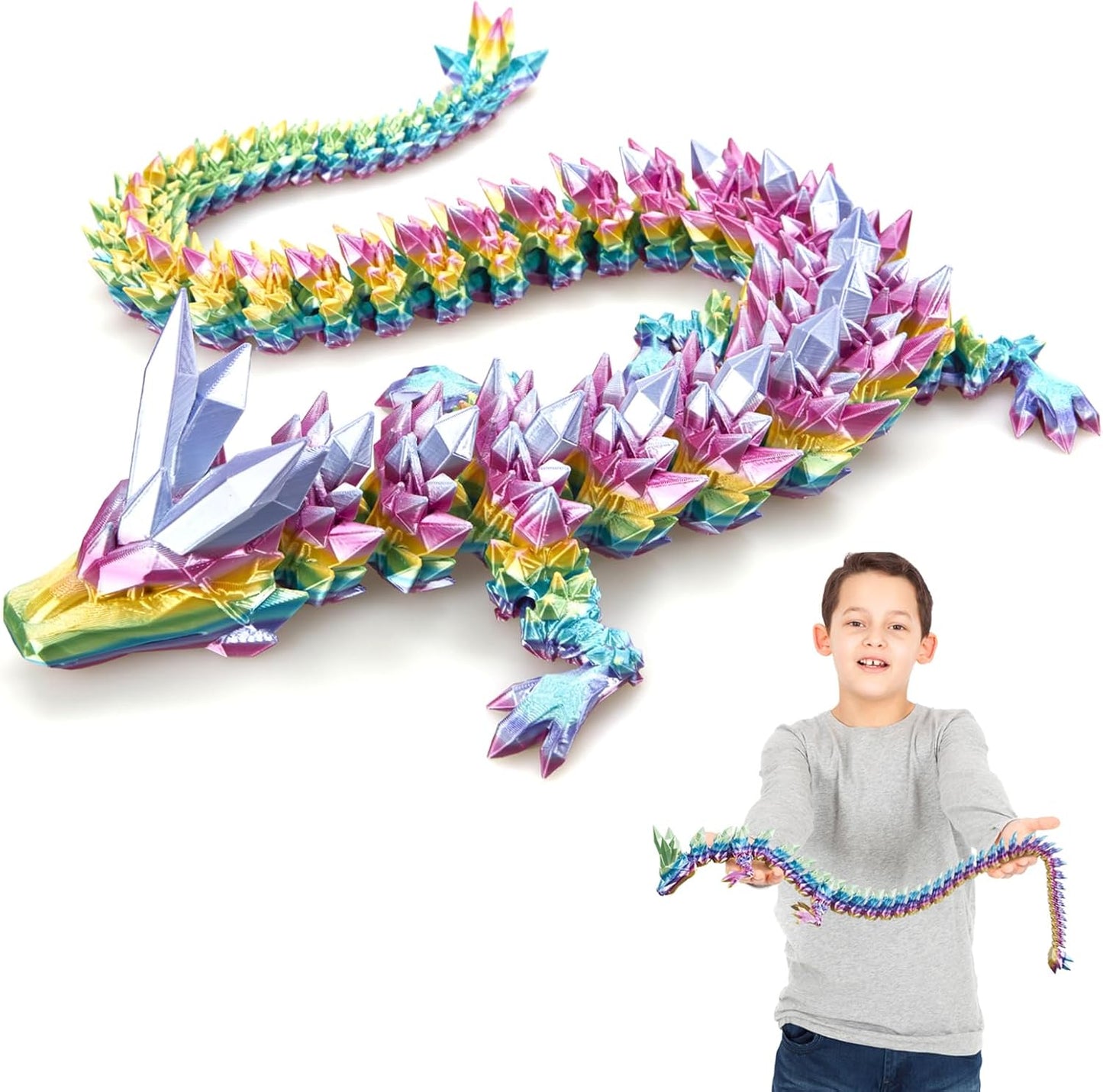 3D Printed Dragon, 24 Inch Crystal Dragon, Bigger Fidget Toys Adults, 3D Printed Articulated Dragon for Home Office Car Desk Decor Toys, Dragon Eggs Gift Given on Birthday (Rainbow)