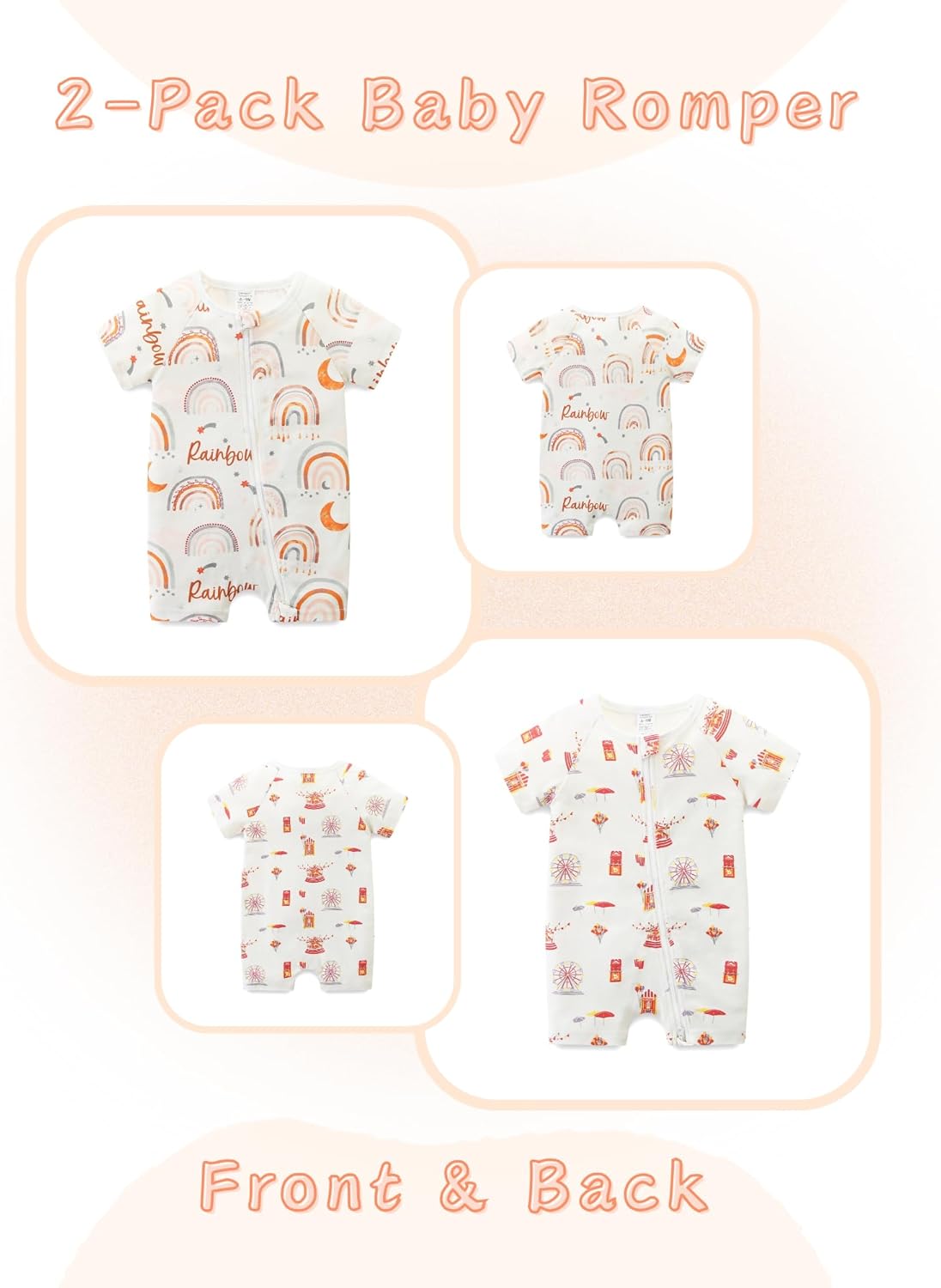 Unisex Summer Trendy 2-Pack Rompers Short Sleeve Zipped Bodysuit Infant Cotton Outfits