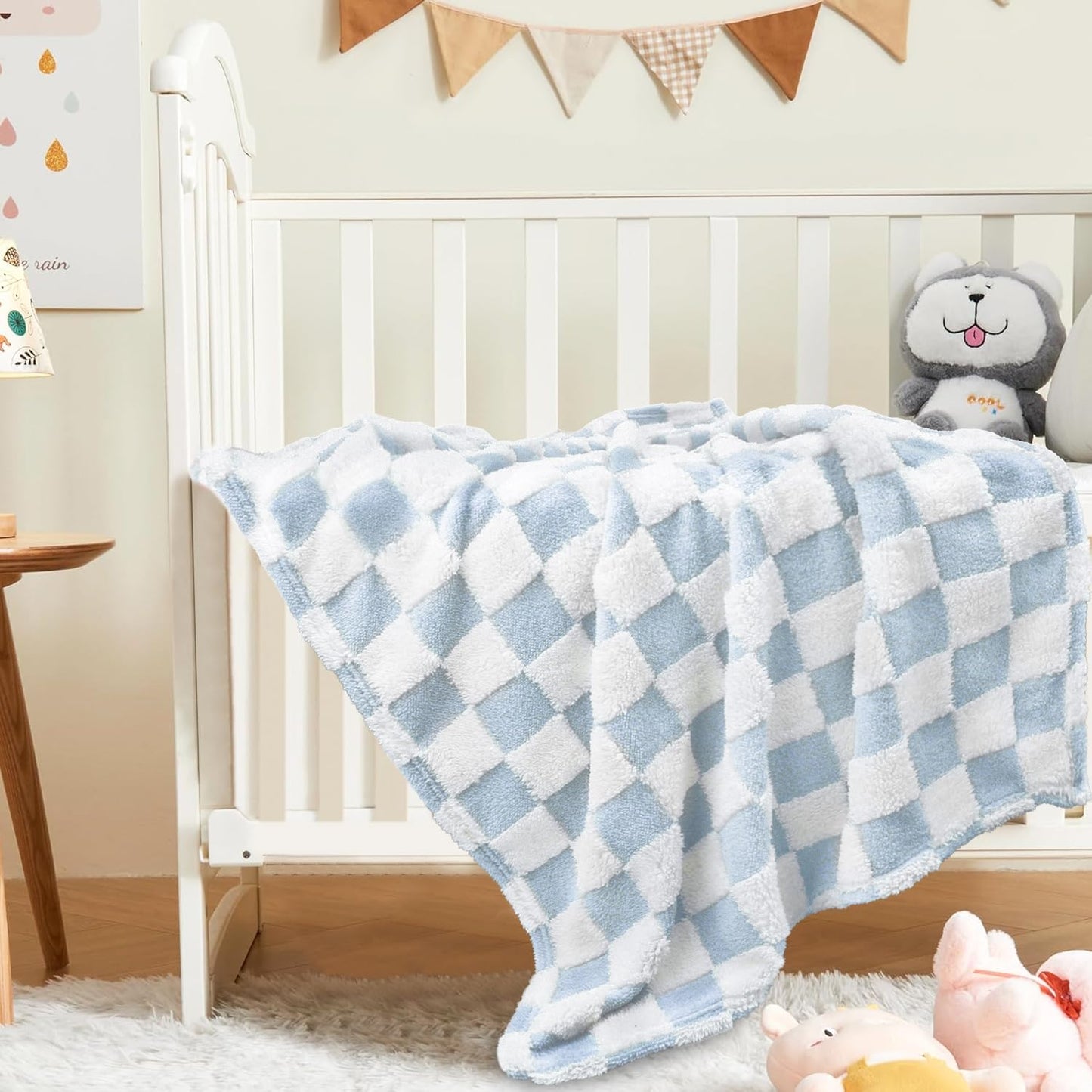 HOMRITAR Checkered Baby Blanket for Boys Girls Warm Cozy Reversible Checkerboard Toddler Blankets, Fluffy Fuzzy Plush Lightweight Bed Blanket with Chessboard Grid Design 350GSM Baby Blue 30 x 40 Inch
