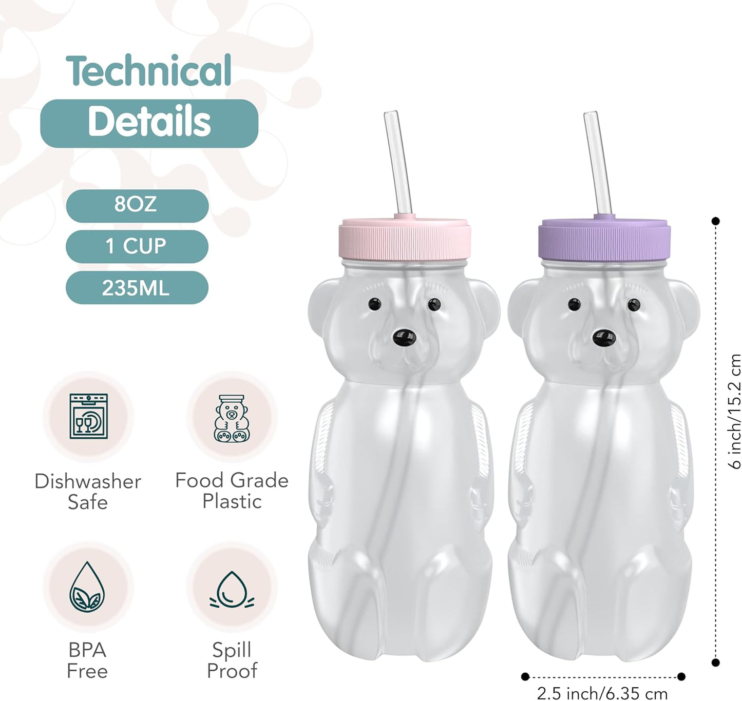 Honey Bear Straw Cup for Babies, Honey Bear Cups with Travel Lid, 2-Pack Therapy Learning HoneyBear Straw Sippy Cup for Toddlers, Cherry Blossom & Unicorn, 8 oz