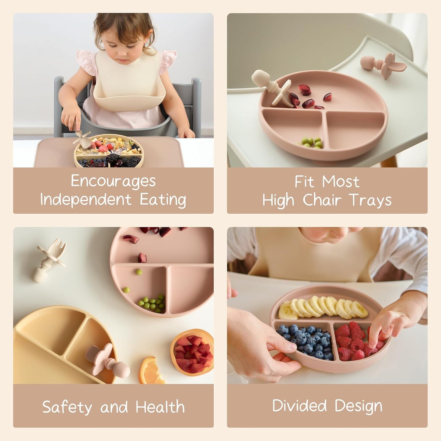 Moonkie Suction Plates for Baby | 100% Silicone BPA-Free Baby Plates with Lids and Food Cover | Divided Design | Microwave and Dishwasher Safe | Toddler Plates 2 Pack