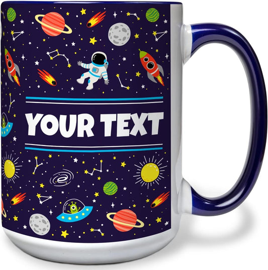 Personalized Mug for Kids - Outer Space - Custom Name/Text, Ceramic Hot Chocolate/Cocoa/Coffee Cup for Boys/Girls, Birthday/Christmas/Holiday Gift - 15 oz, Navy Blue Handle