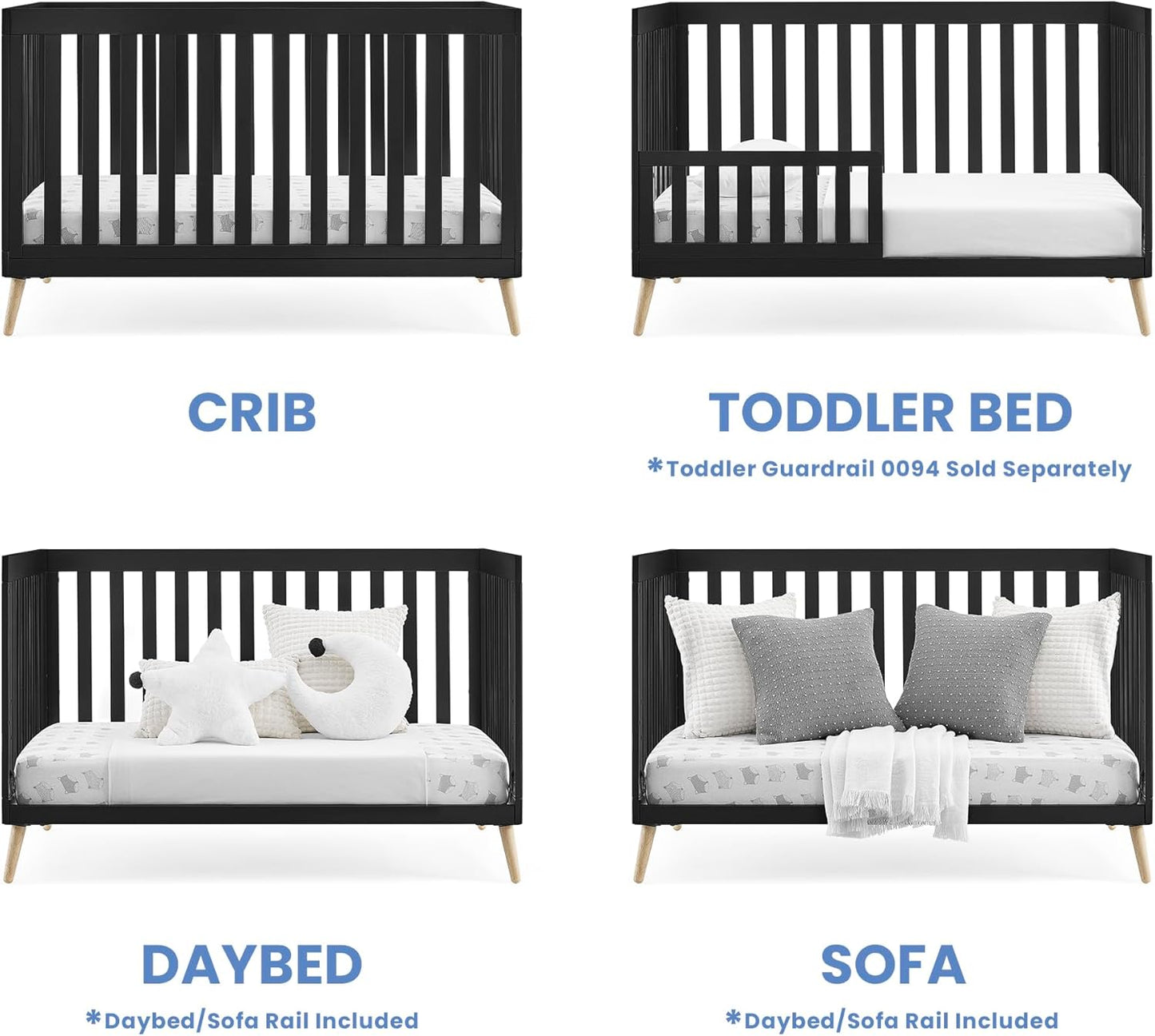 Delta Children Essex 4-in-1 Convertible Baby Crib, Ebony with Natural Legs