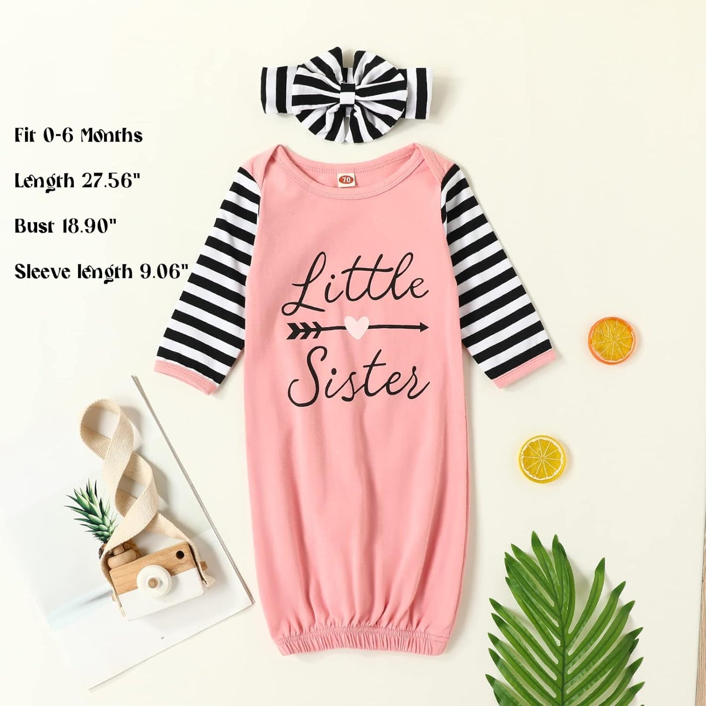 AMAWMW Newborn Baby Girl Little Sister Sleeper Gown Stripe Long Sleeve Nightgown Pajamas Gifts Stuff Essential Outfit