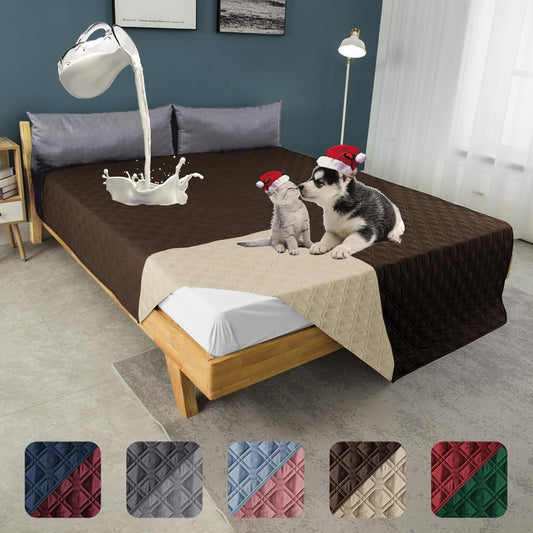 100% Waterproof Dog Bed Cover 52x82 inch Reversible Reusable Camping Mat for Kids/Pet/Dog/Cat Washable Geometric Embroidery Blanket Patchwork Brown+Beige
