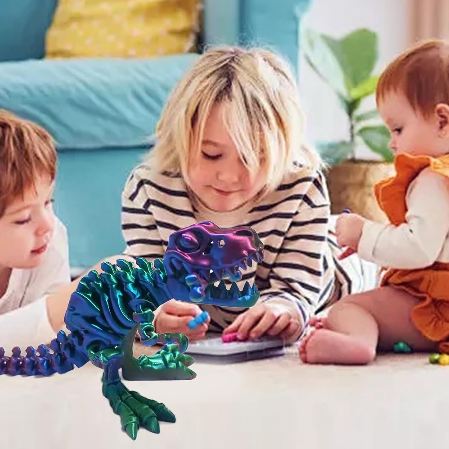 3D Printed Dinosaur Bone Skeleton Tyrannosaurus Rex with Movable Jaw Fidget Dinosaur Toys Full Articulated Dinosaur Executive Desk Toys Home Office Decor, Purple Mix Green