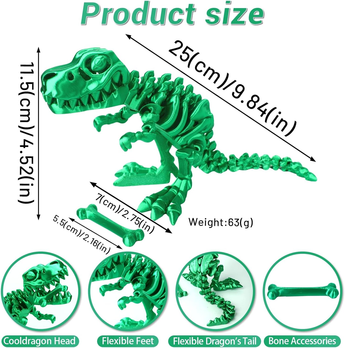 3D Printed Dinosaur Bone Skeleton Tyrannosaurus Rex with Movable Jaw Fidget Dinosaur Toys Full Articulated Dinosaur Executive Desk Toys Home Office Decor, Green-2
