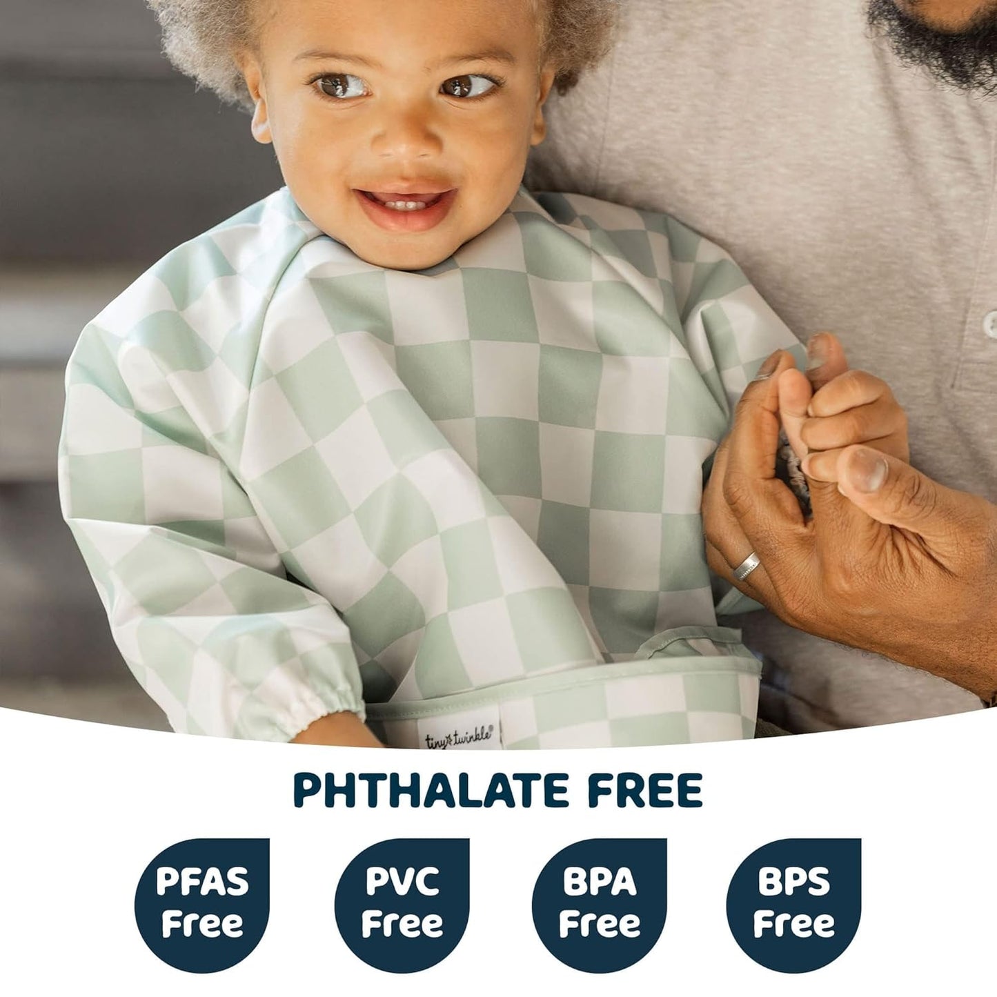 Tiny Twinkle Mess Proof Baby Bib,Waterproof Smock Baby Bib for Eating,Machine Washable Long Sleeve Bib,Baby Led Weaning,Toddler Bib (Checkers Sage, Large 2-4 Years)