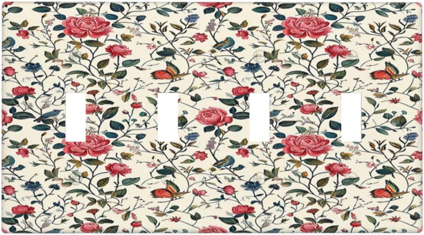 Light Switch Covers Vintage Flowers Rose Leaf Bird Butterfly Quad Toggle Electrical Faceplate 4 Gang Wall Plate Decorative Switch Plates for Bedroom living Room Decor