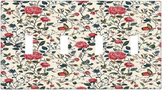 Light Switch Covers Vintage Flowers Rose Leaf Bird Butterfly Quad Toggle Electrical Faceplate 4 Gang Wall Plate Decorative Switch Plates for Bedroom living Room Decor