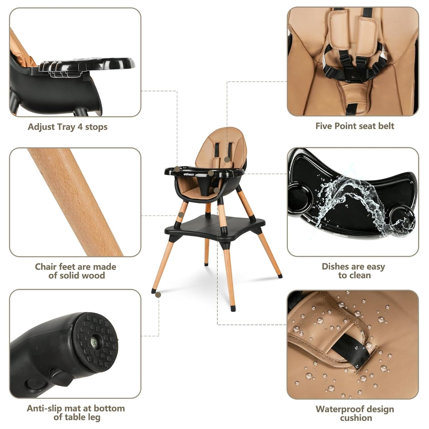 Gofirst 6 in 1 Convertible Wooden High Chair for Babies and Toddlers - Infant Dining Booster Seat With Building Block Table and 4-Position Removable Feeding Chair