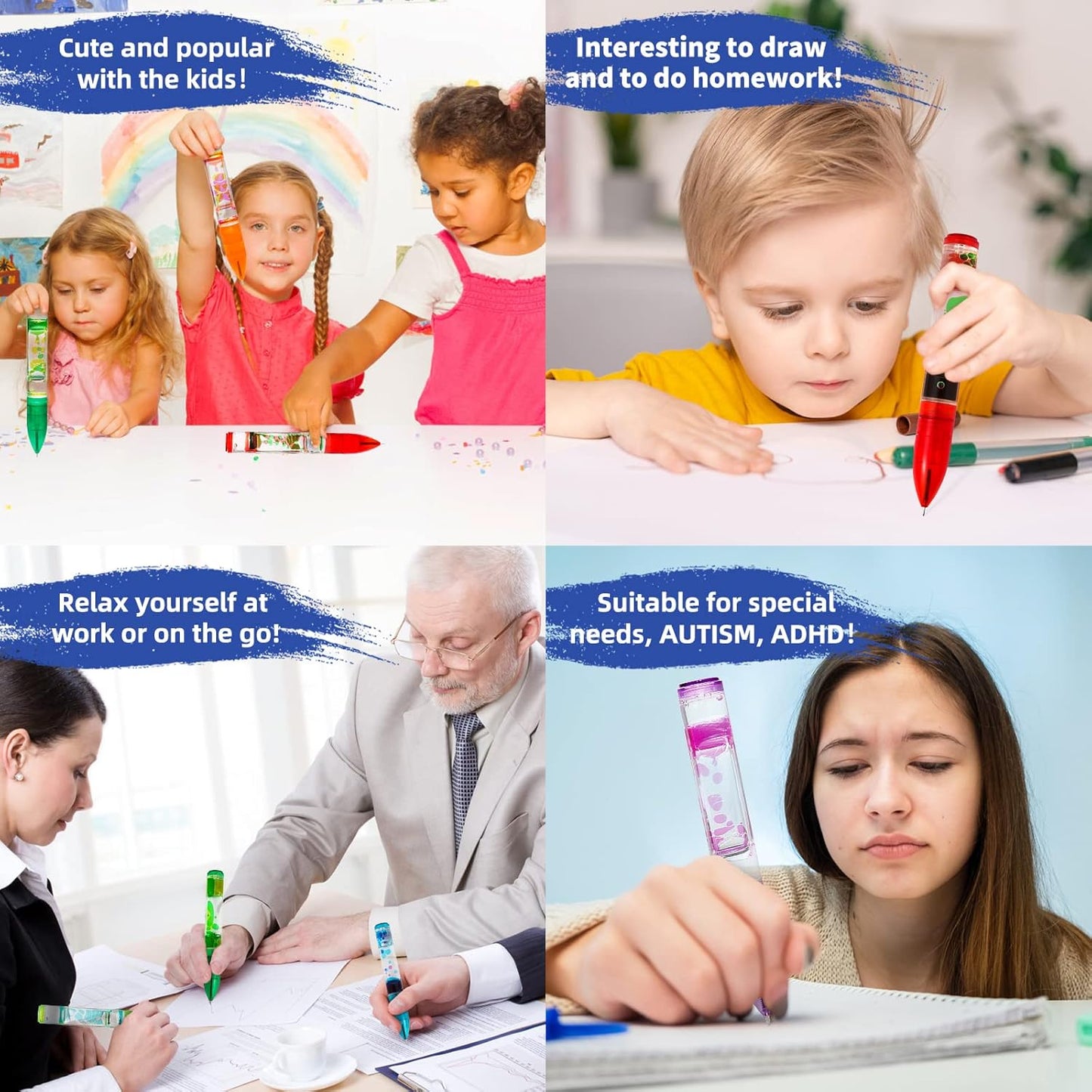 YUE MOTION Liquid Motion Bubbler Pens - Sensory Toy Pens for Classroom-Fidget Pens for Kids and Adults-Colorful Timer Pens for Stress and Anxiety Relief-2 Pack