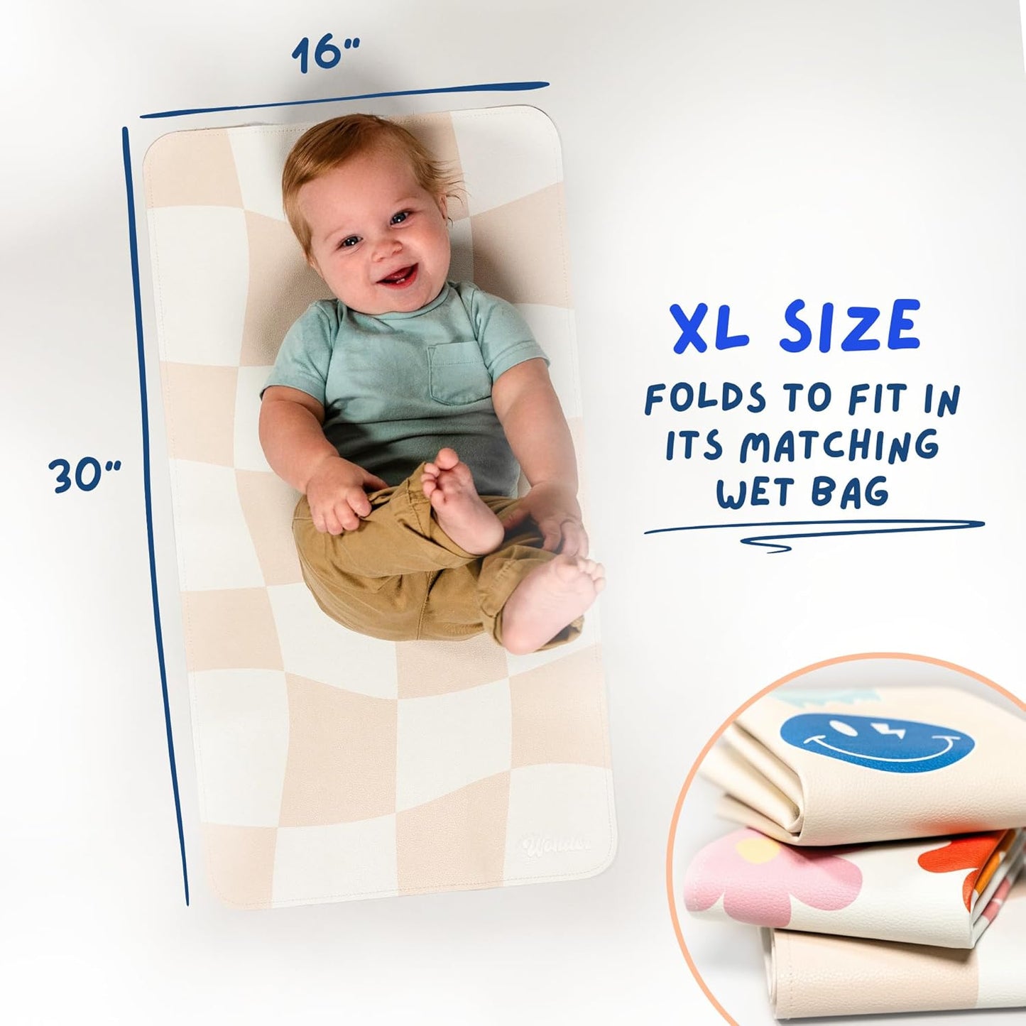 Leather Changing Mat with Reusable Waterproof Wet Bag, (16 x 30 Inches) Baby Changing Mat, Non-Toxic Changing Pad Portable Folds and Wipes Clean, Baby Changing Pad Travel (Floral)