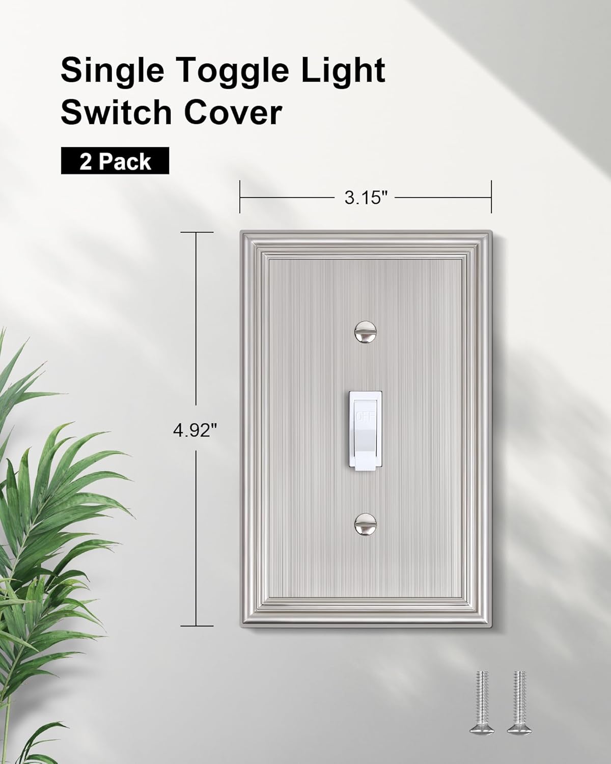 2-Pack Single Toggle Light Switch Cover Plate, Durable Solid Zinc Alloy Decorative Switch Plate Covers, Brushed Nickel 1 Gang Wall Plate, Corrosion Resistant
