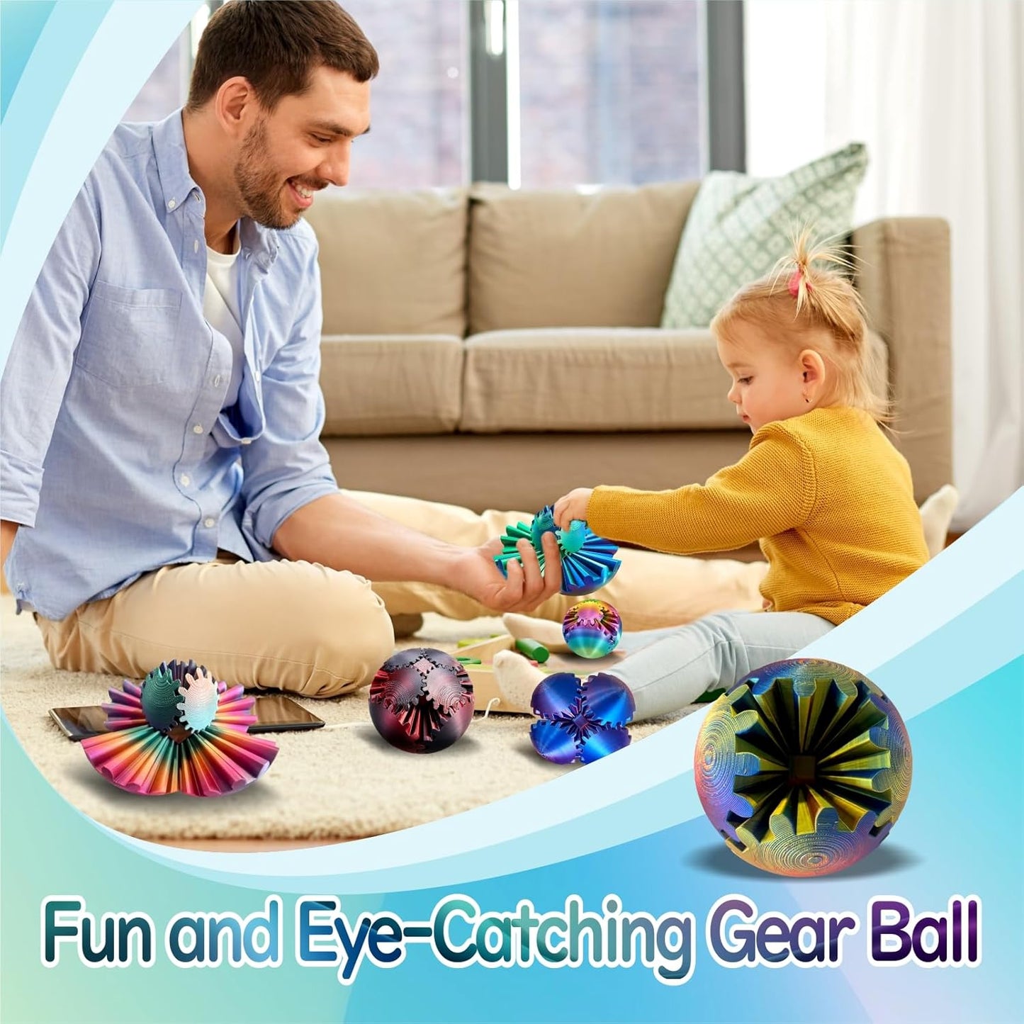 Gear Ball - GearSphere Fidget Toy, 3D Printed Gear Ball Spin Ball Cube Desk Toy, 2024 Gear Sphere Cube Puzzlefor Adults Kids, Stress and Anxiety Relaxing Fidget Toy (Red-Yellow-Blue)