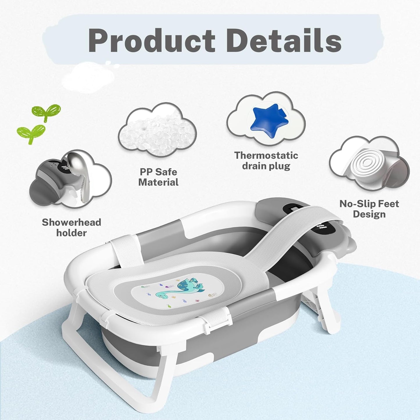 AVIDOR Baby Bathtub,Collapsible Bathtub for Newborn to Toddler,Durable Essential Infant Bath Tub,Portable Travel Baby Tub with Soft Bath Net,No-Slip Feet and Dinosaur Shaped (Grey)