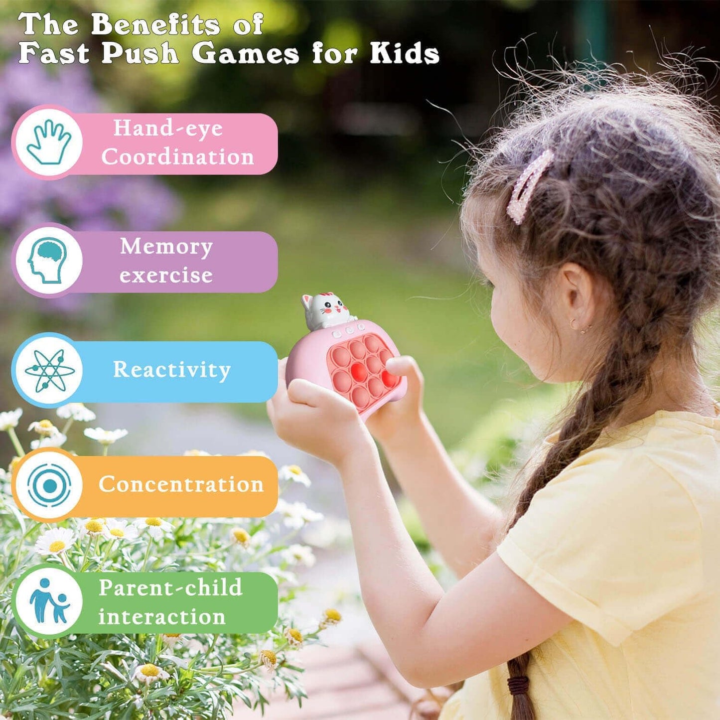 Fast Push Game Pop Fidget It Toys for Kids, Handheld Game Machine, Squeeze Poppet Sensory Electric Cute Light Up Quick Push Bubble Game, Fidgets Toy for Boys & Girls & Teens（ Pink Cat）