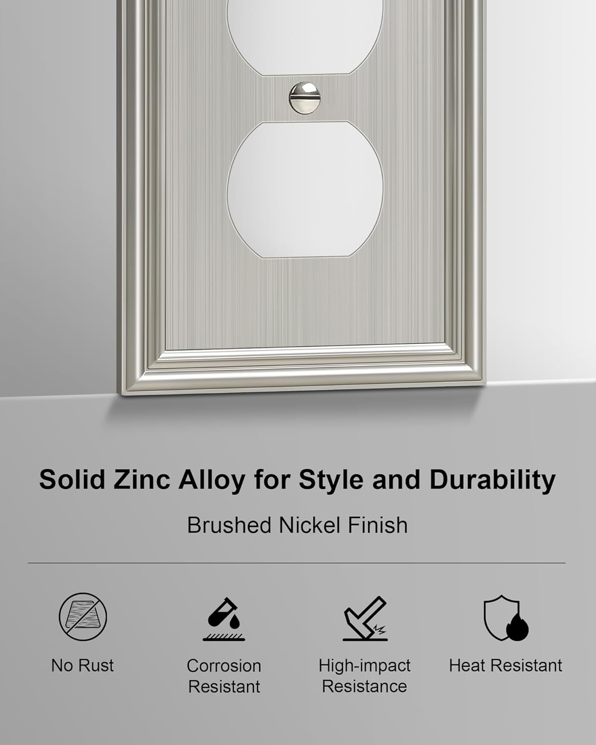 6-Pack Single Duplex Outlet Cover Plate, Decorative Brushed Nickel Switch Plates and Outlet Covers, Metal Wall Plates for Electrical Outlets, 1 Gang Receptacle Cover, Corrosion Resistant